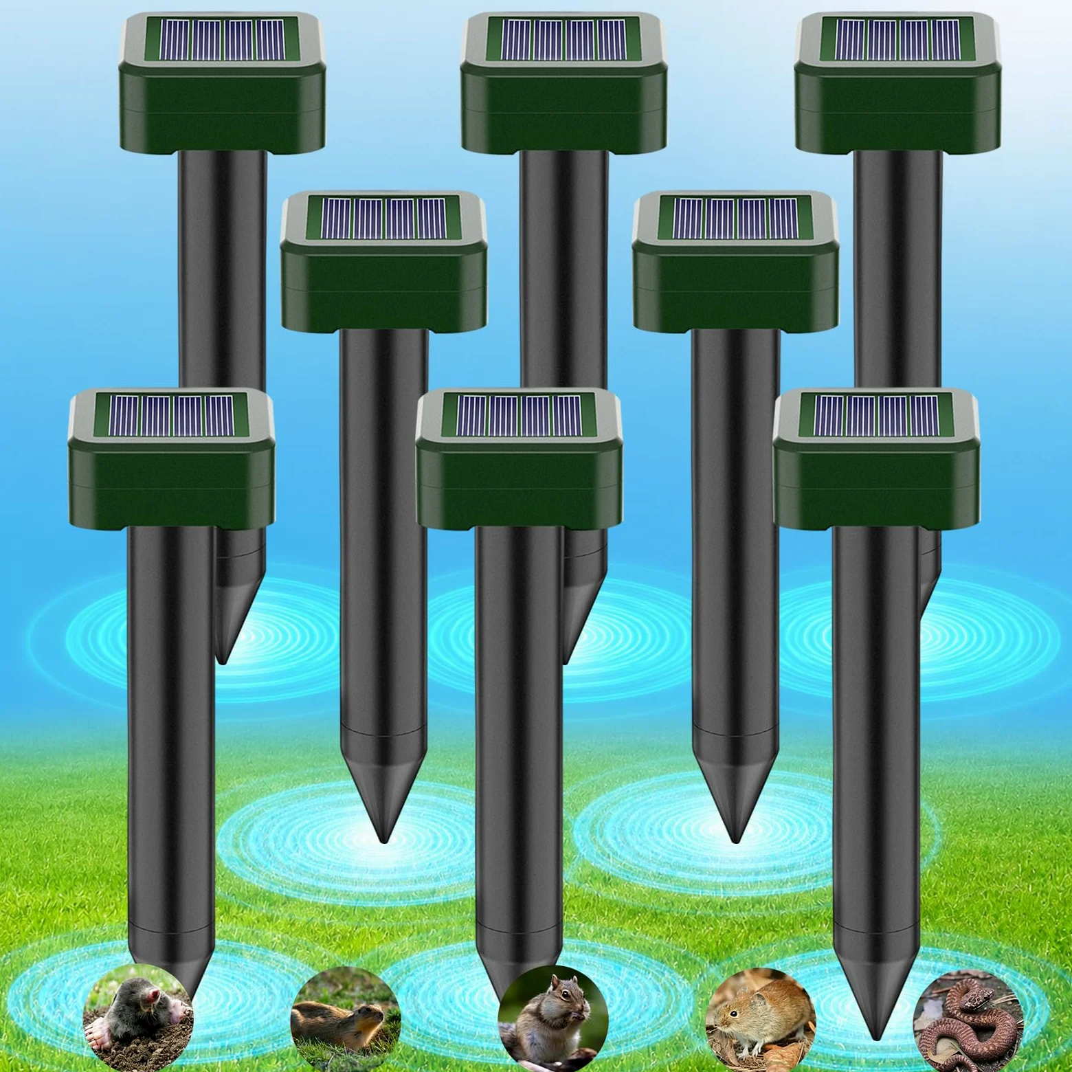 Ahuyentador de Topos Solar 8 Piezas, Ahuyentador de Roedores Solar Ultrasónico Impermeable y Resistente a la Corrosión para Ahuyentar Campañoles, Topos, Serpientes y Lagartos