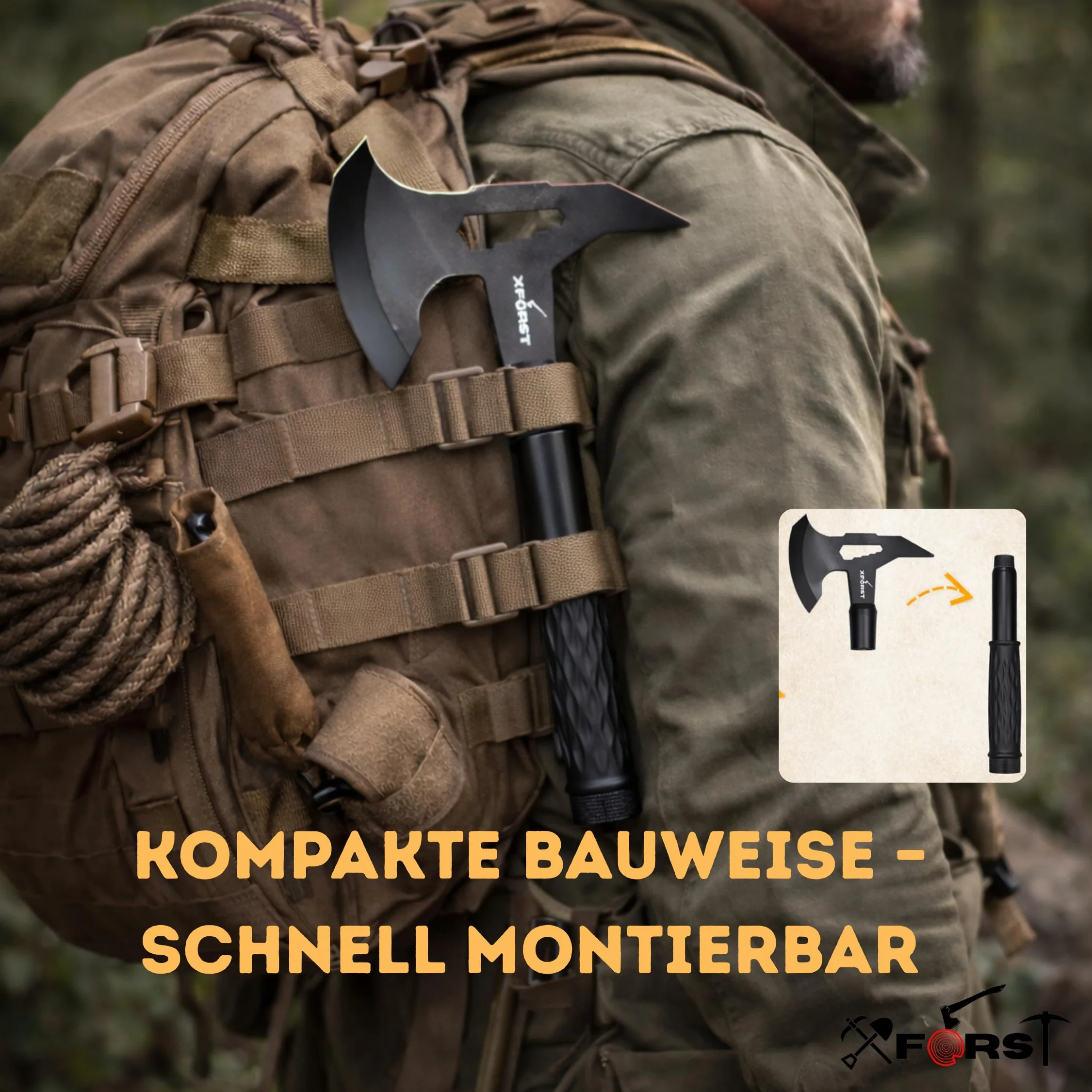 Xforst Hacha de Supervivencia Compacta para Camping, Bushcraft y Exterior, Hoja de Acero al Carbono, Mango Antideslizante con Compartimento, Funda Protectora Incluida, 32 cm y 615 g, X-TM1