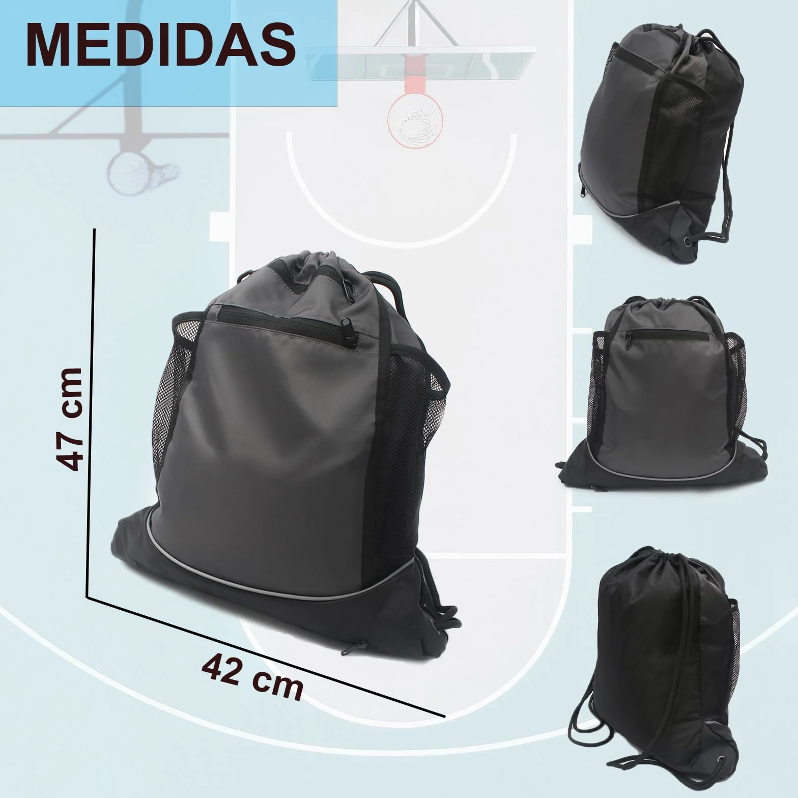 Mochila para Pelotas de Baloncesto, Cuerdas Deportiva, Incluye Inflador Portátil Negro