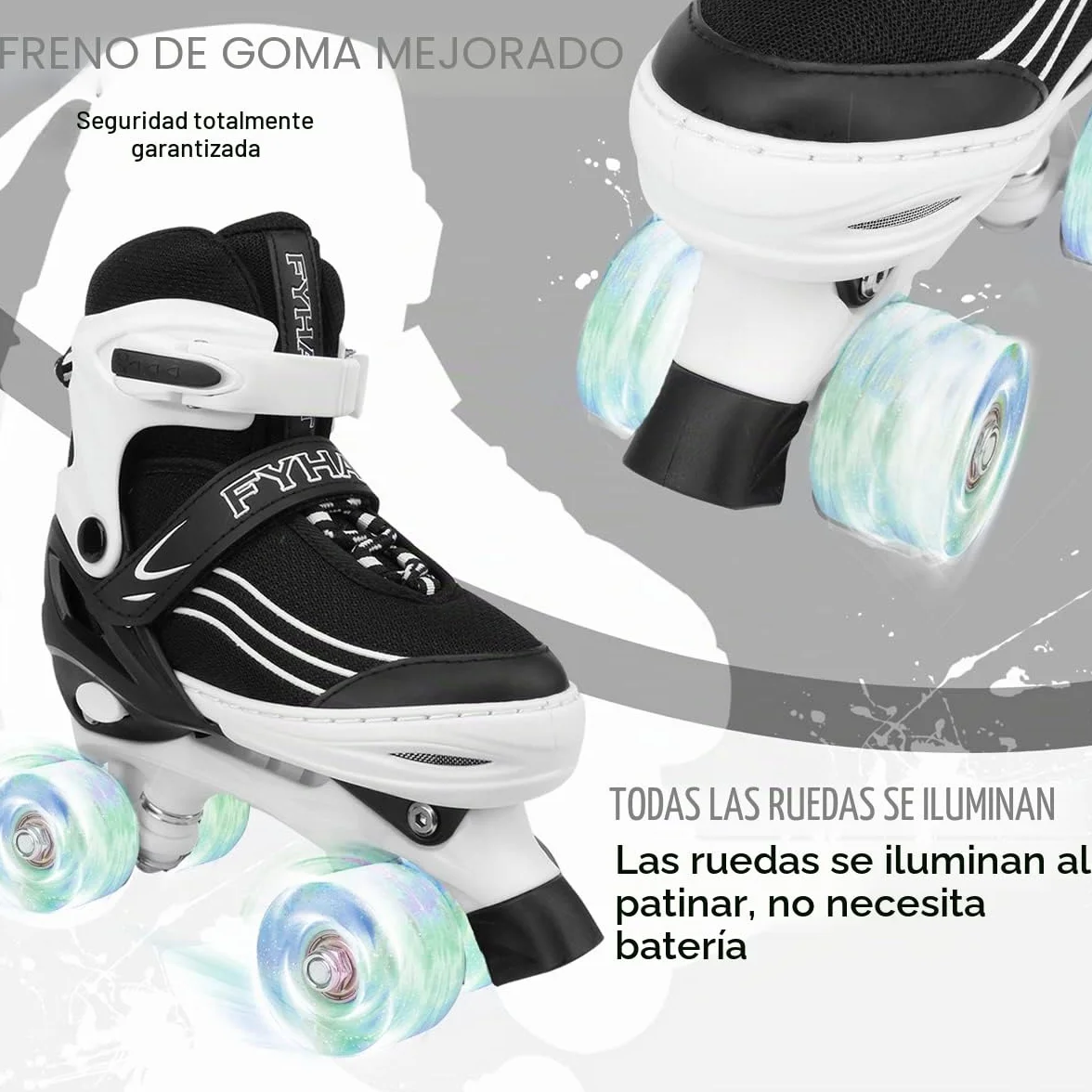 Patines Quad Ajustables 4 Tamaños Ruedas Luminosas Blanco Negro para Niñas Niños Principiantes
