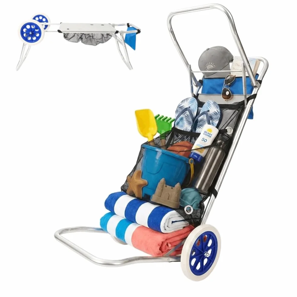 DEVESSPORT Carro de Playa Multifunción Convertible en Mesa Plegable | Ruedas Grandes, Aluminio Ligero, Bolsa de Red y Diseño Compacto para Transporte y Comodidad en la Playa o Camping