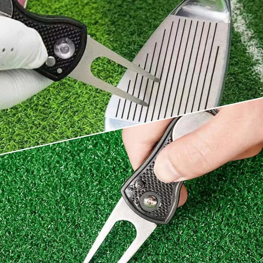 Pitch Fork Golf Arreglapiques Plegable 2PC Horquilla Campo Golf con Mosquetón Herramienta Reparación Divot