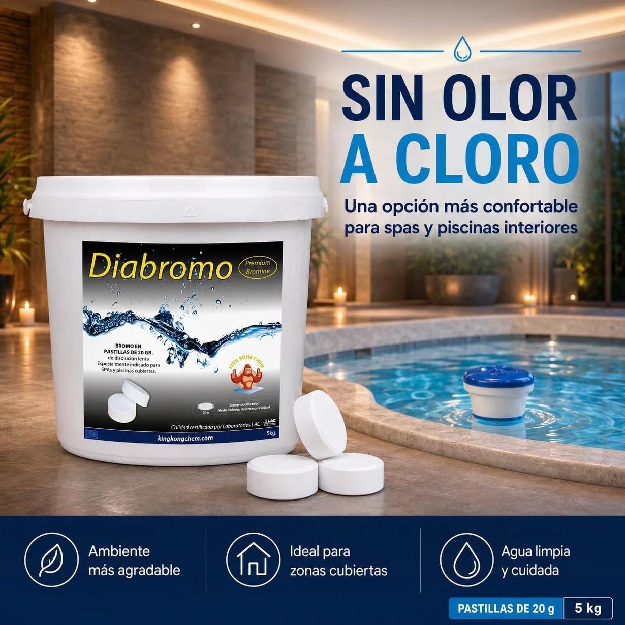 Diabromo 5 kg - Bromo Desinfectante para SPA y Piscinas Cubiertas - Pastillas de 20 Gramos