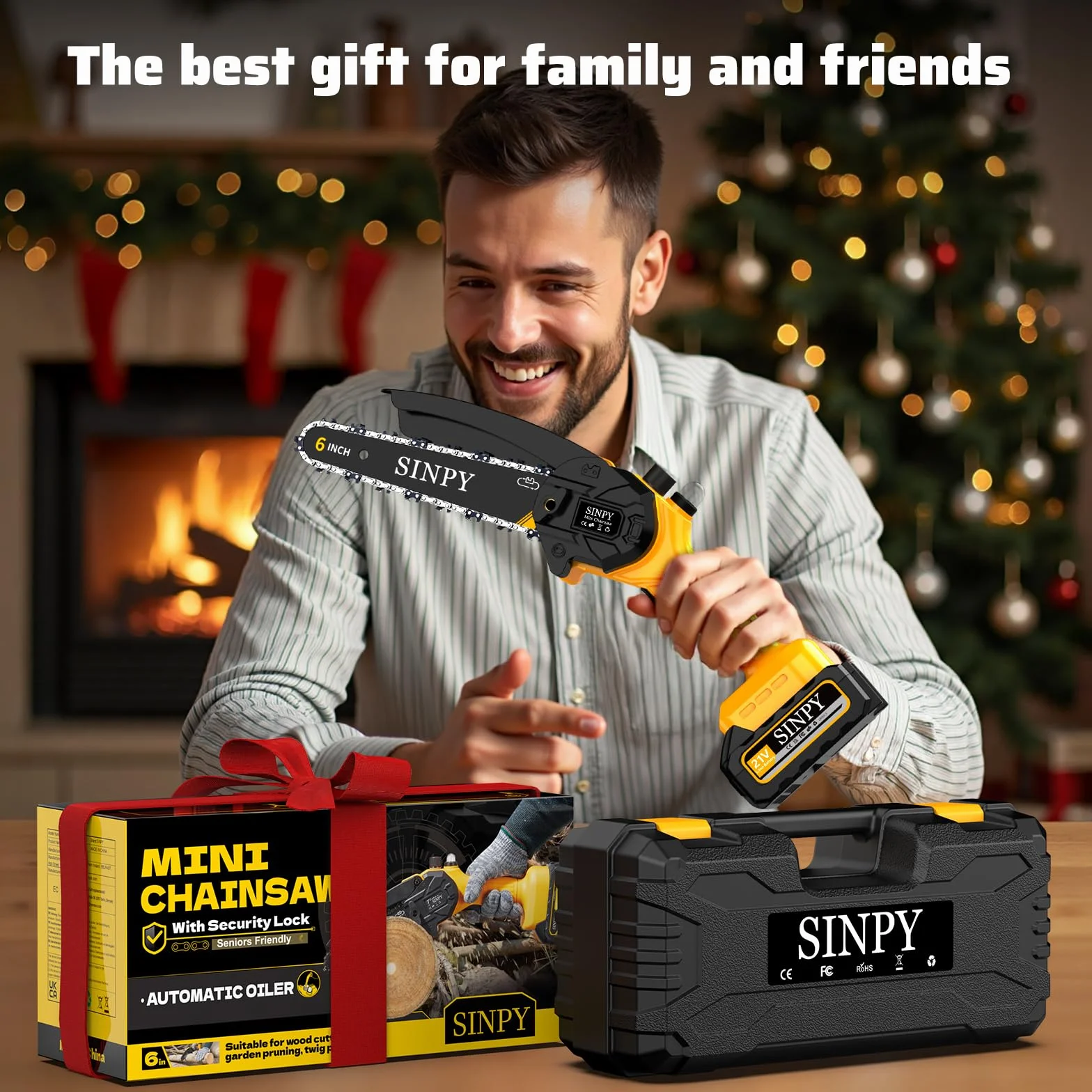 2x4000 mAh Mini Motosierra Bateria, 6 Pulgadas Motosierra Eléctrica Pequeña Sierra Electrica Podar Arboles Inalámbrica con Cadena de Acero al Manganeso de Mano y Engrasador Automático