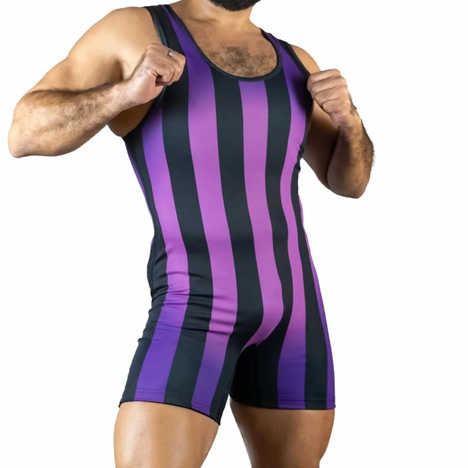 Camiseta interior de lucha para hombre, mono deportivo ajustado de rayas verticales moradas, sin mangas para boxeo, triatlón, gimnasio, fitness, levantamiento de pesas