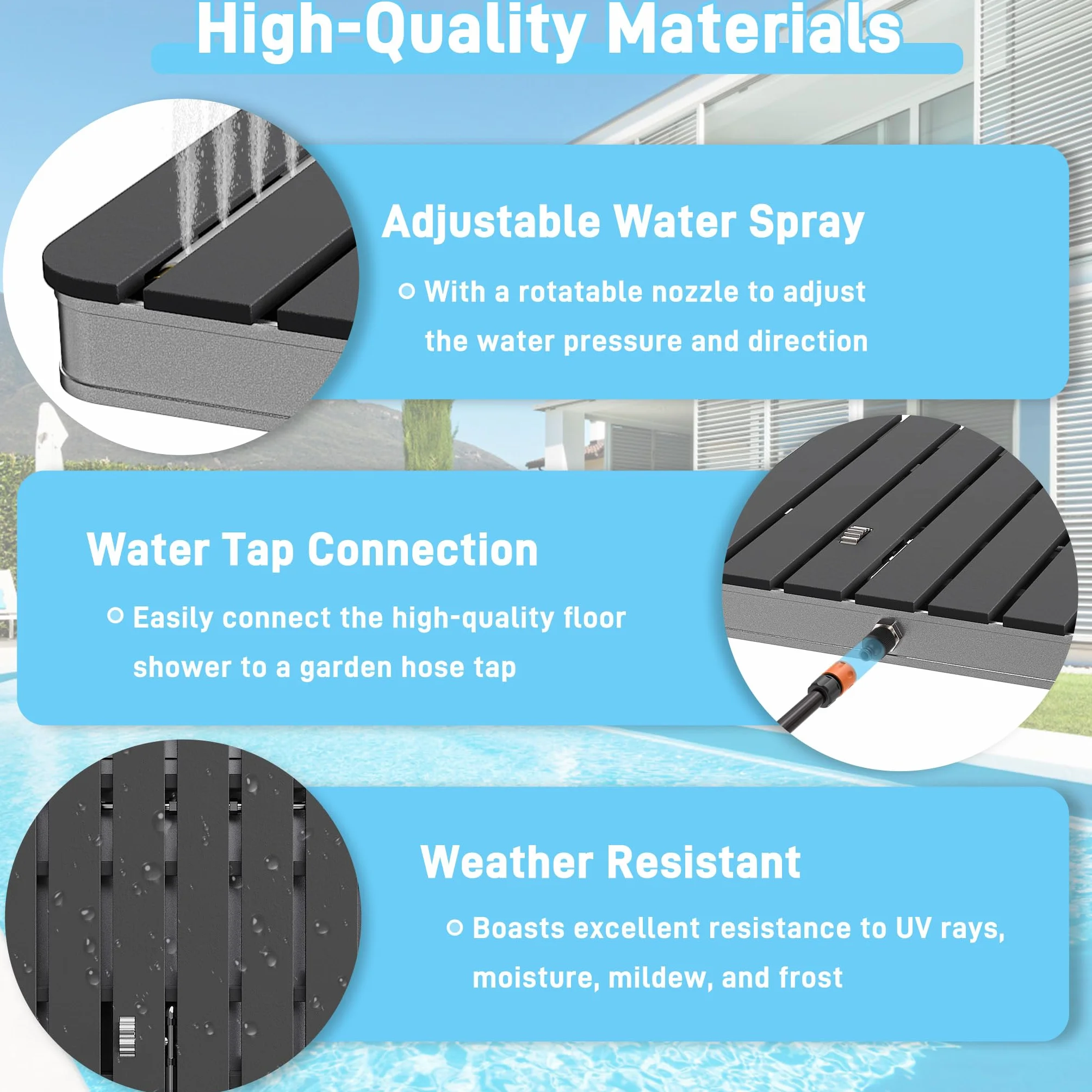 UISEBRT WPC Ducha de jardín con ruedas hasta 4 m de altura de la fuente, antideslizante, resistente a la intemperie y a las heladas y a los rayos UV, ducha exterior para piscina, camping, sauna