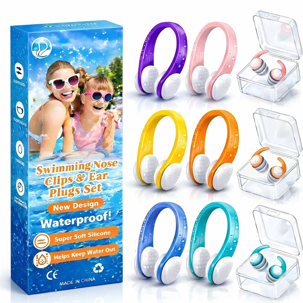 Pinzas para la nariz para nadar con tapones para los oídos, 9 unidades, clip nasal de silicona, tapones para los oídos flotantes, para niños y adultos, pinza nasal impermeable para natación