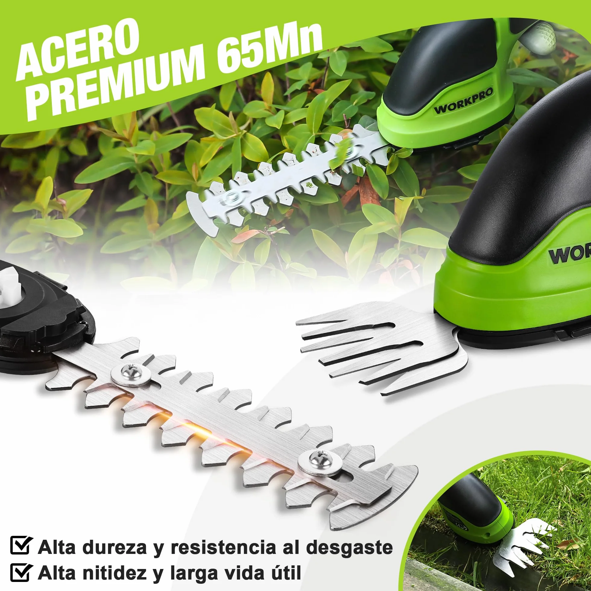 WORKPRO Tijeras Cortacésped y Arreglasetos 2 en 1, 3,6 V Cortasetos a Batería 2 Ah, Tijeras Arreglaseto con 2 Tipos de Cuchillas Ancho de Corte 75 mm, 118 mm, Herramienta para Jardín (Verde)