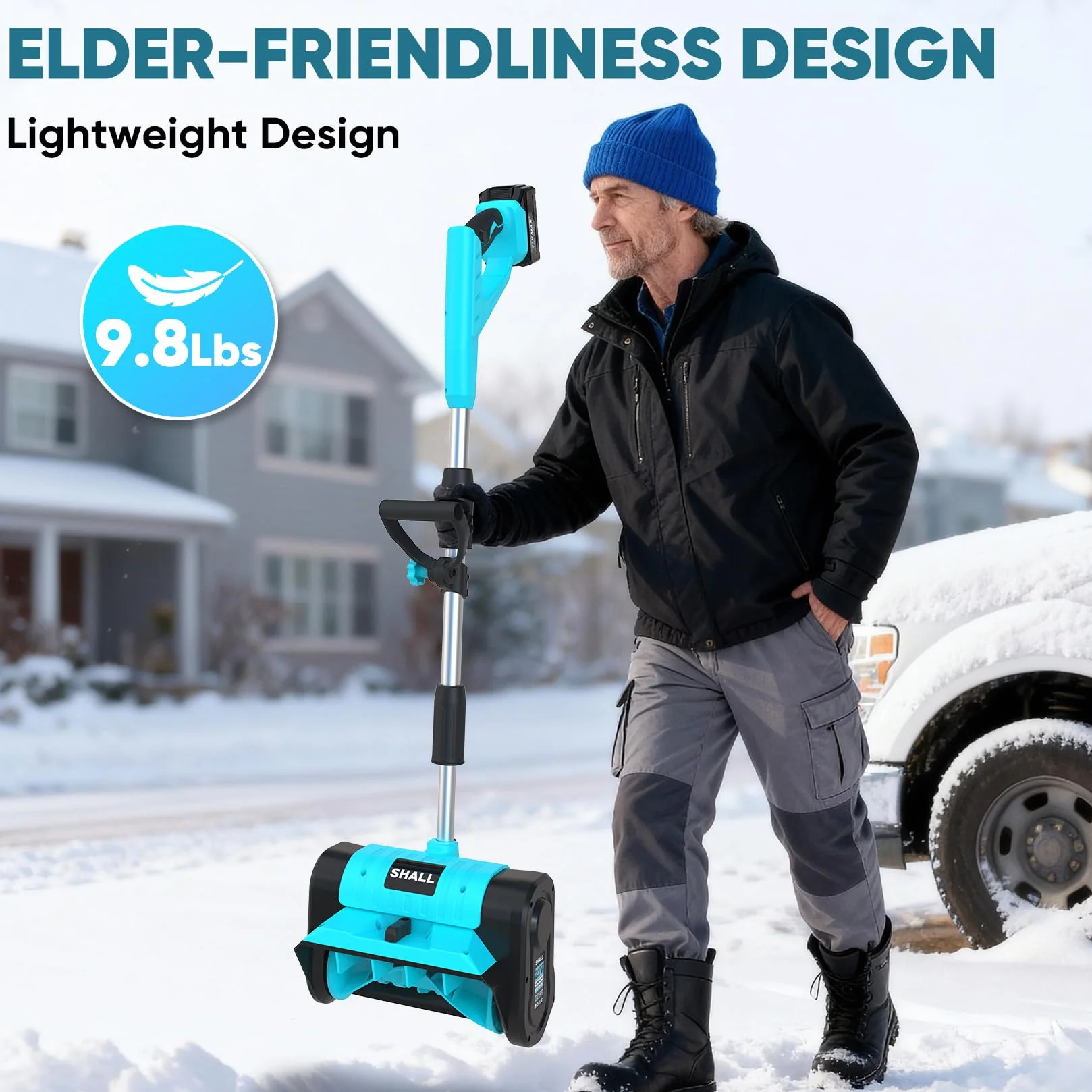 SHALL Pala quitanieves a batería de 21 V (sin escobillas), soplador de Nieve a batería de 30 cm (12 Pulgadas), con Deflector y Cubierta Antipolvo, Alcance de 8 m para Entrada de vehículos, escaleras