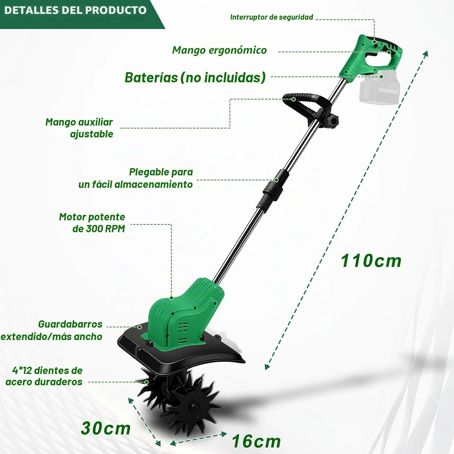 Motoazada para huerto, azada eléctrica, para Makita 18V batería, con Profundidad de Trabajo de 16 cm, Ancho de Trabajo de 30 cm, Velocidad de 300 RPM, Mango ergonómico, para Cultivo de jardín