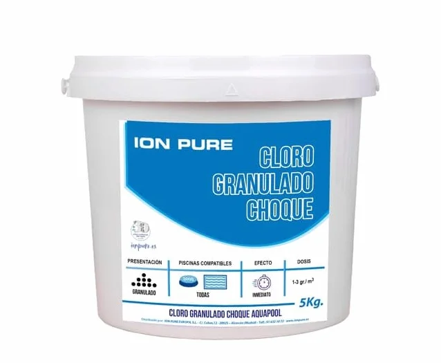 Ion Pure Cloro Choque Accion Rapida, recuperador Agua Piscina deteriorada, Alta solubilidad, granulado 5 kg