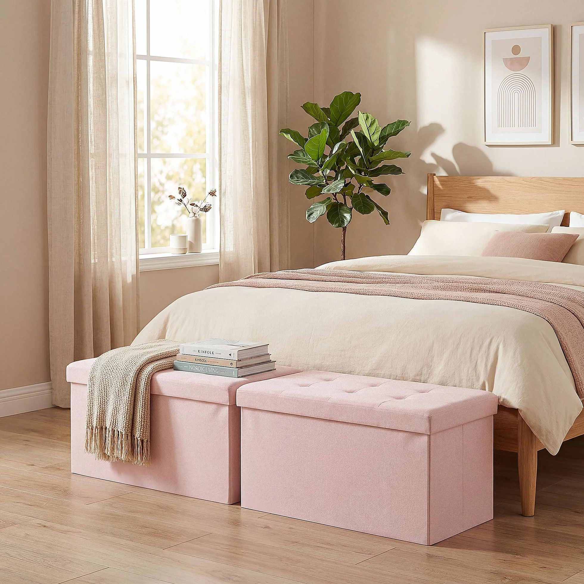 HOMCOM Puff Almacenaje, Banco Almacenaje Plegable, 84 L, 76x38x38 cm, Tapizado en Lino Sintético, Baúl de Almacenamiento, Carga 120 kg, Taburete para Sala de Estar, Dormitorio, Entrada, Rosa