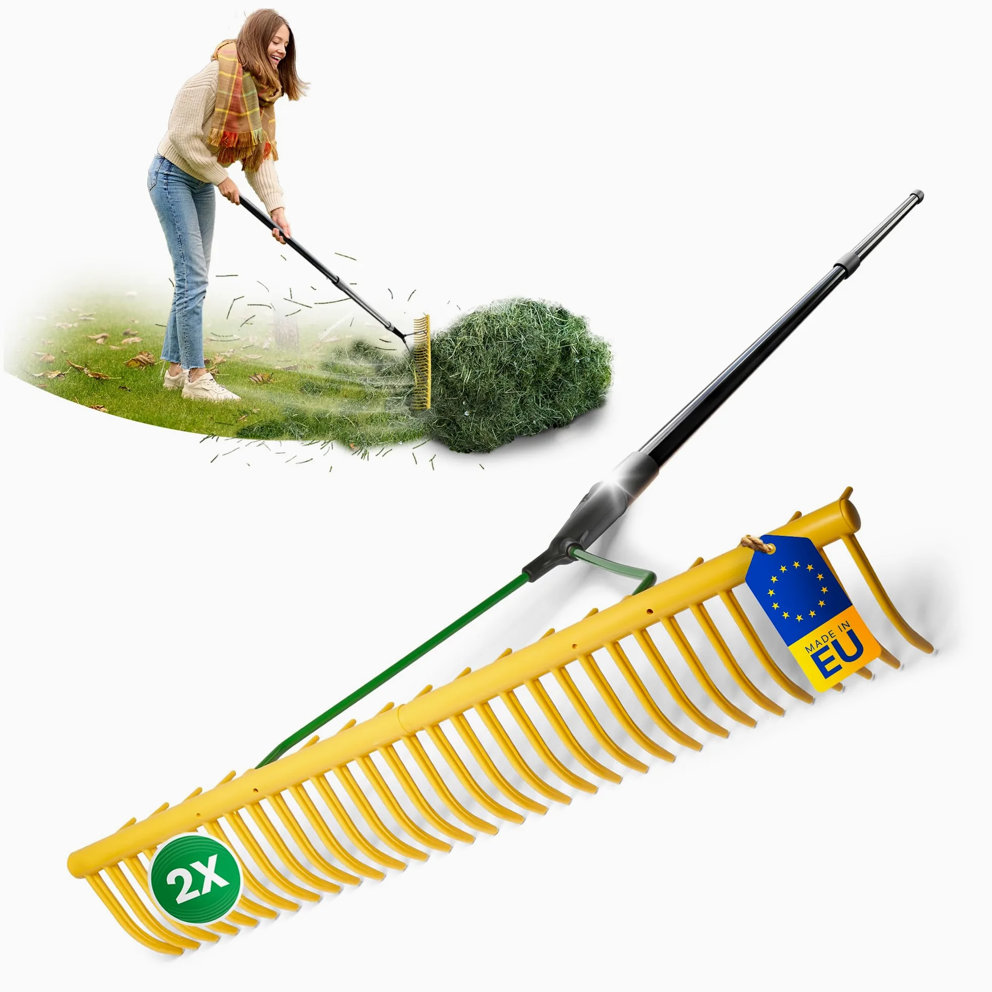 Novatool Rastrillo de jardín con recolector de césped, 32 dientes y mango telescópico de hasta 152 cm, ancho de trabajo 64,5 cm, rastrillo de plástico y metal, colector de hojas, rastrillo de césped