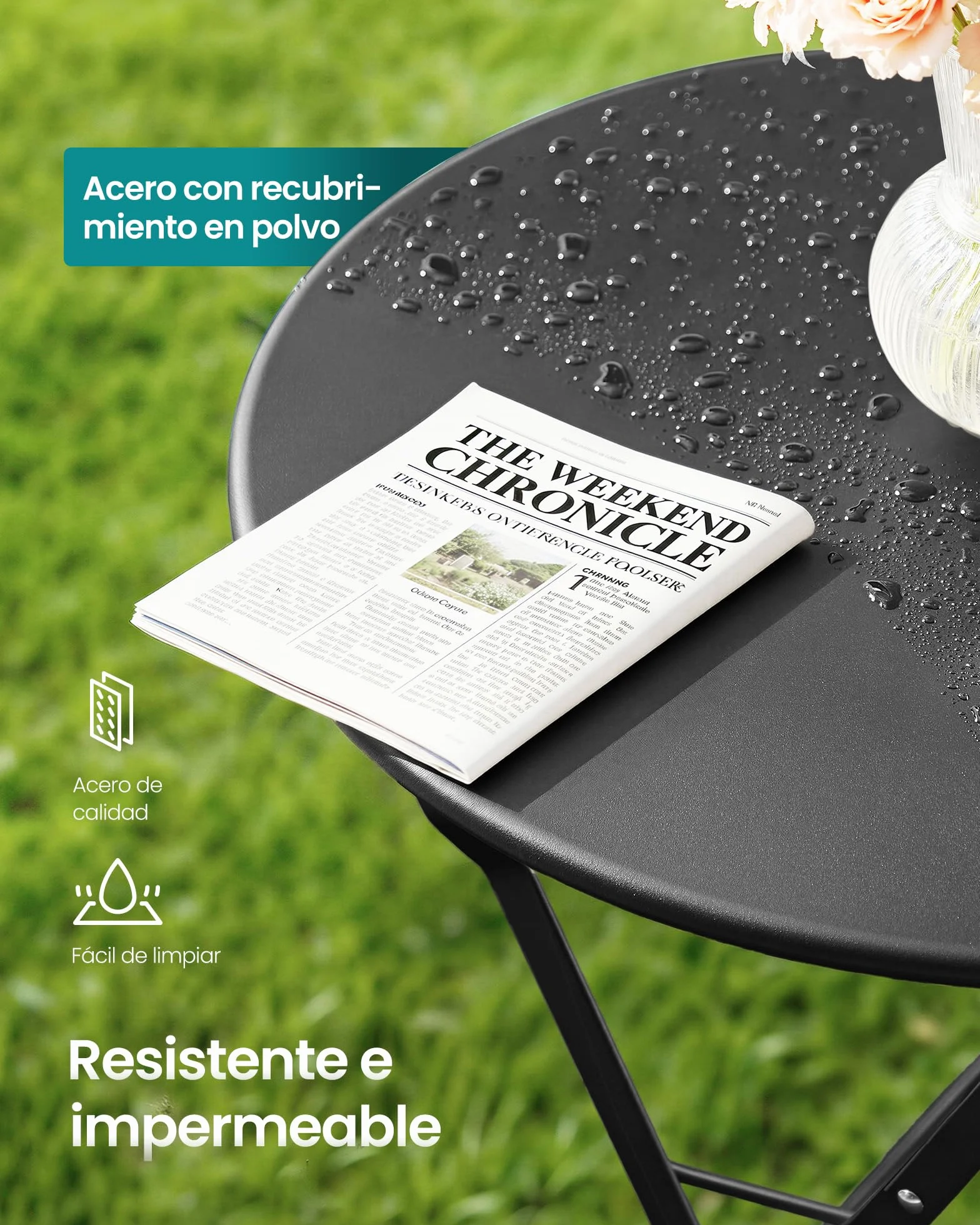 SONGMICS Juego de Jardín de Exterior, 3 Piezas, 2 Sillas y 1 Mesa, Plegable, Salón de Exterior, Acero, Resistente a la Intemperie, para Balcón, Terraza, Negro Tinta GGF036BZ01