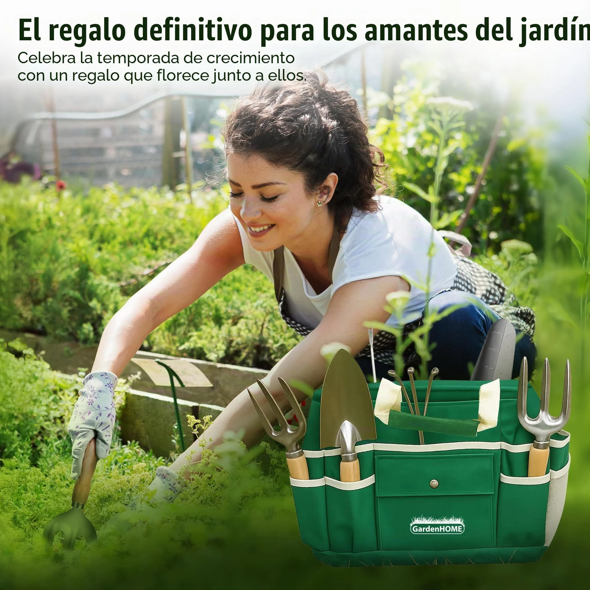 GardenHome Taburete Plegable para Jardinería 7 en 1 - Incluye Juego de Herramientas de Jardín de Acero Inoxidable de 5 Piezas y Estuche de Transporte Gratuito