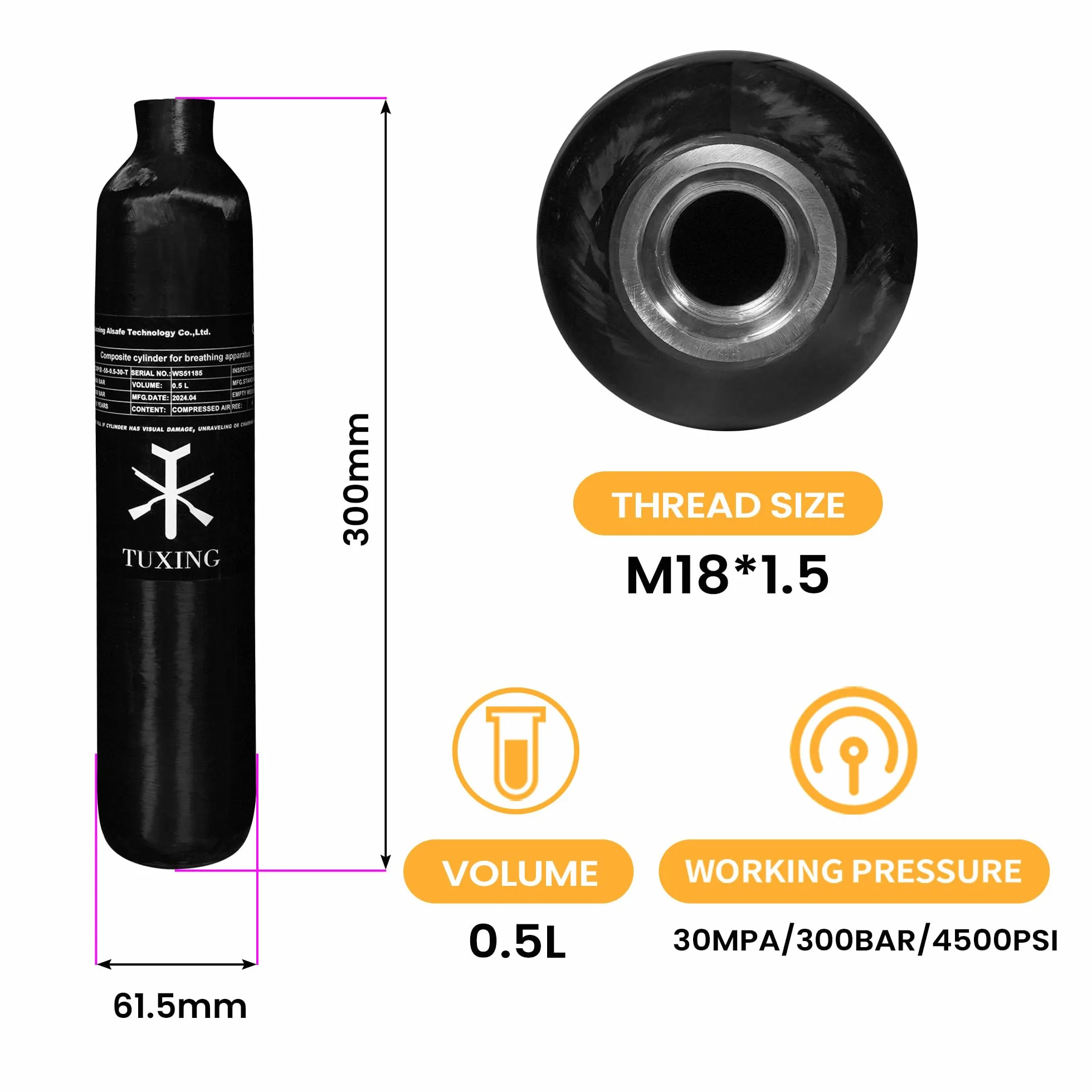 TUXING Tanque de Aire PCP 4500PSI 0.5L Fibra de Carbono Cilindro HPA 31Cu in 500cc Rosca M18*1.5