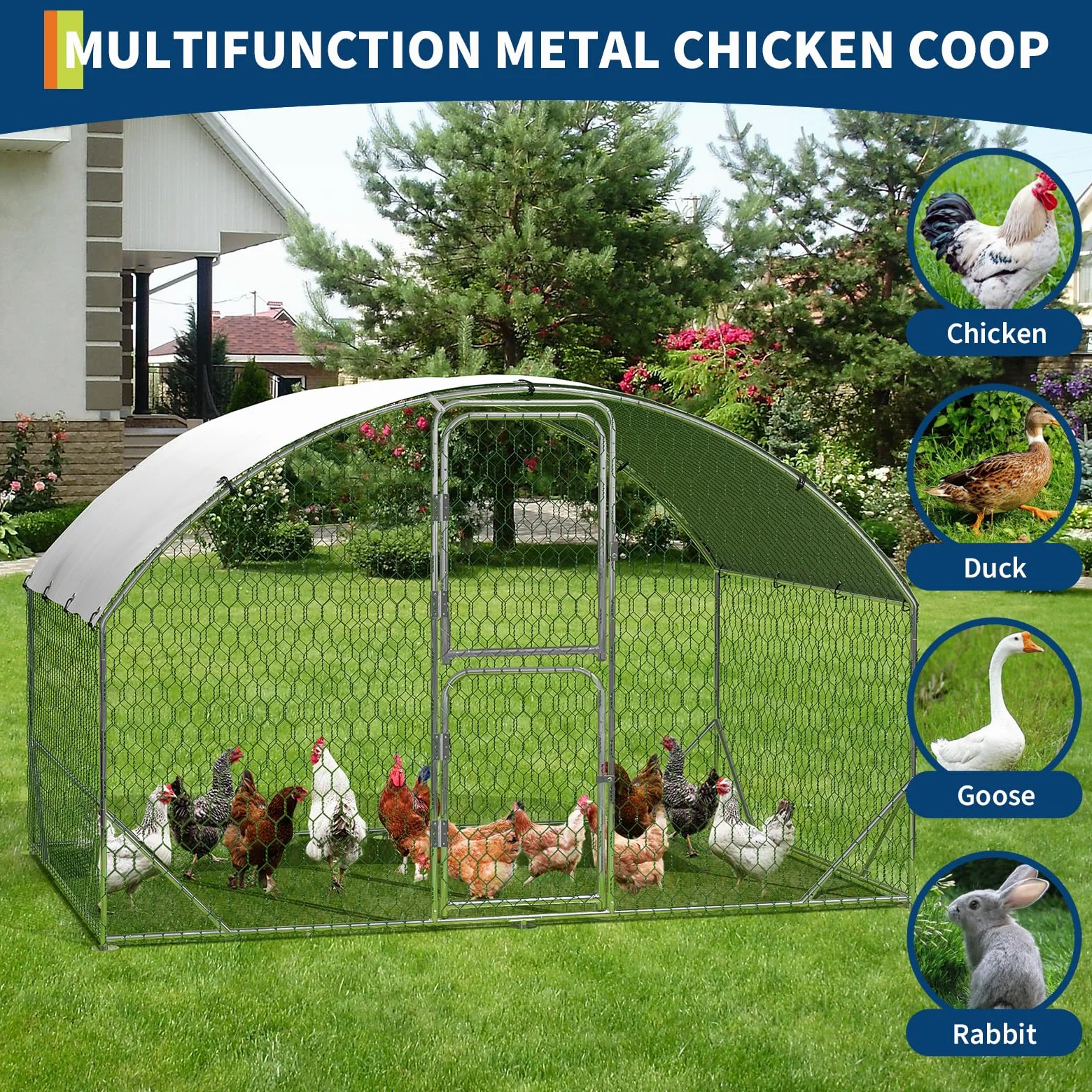 Garvee Gallinero Exterior Grande de Metal 3x2x2m, Jaula para Aves con Estructura de Acero Galvanizado Reforzado de 0.8mm, Recinto de Corral con Cubierta Impermeable y Anti-UV, Doble Puerta con Cierre