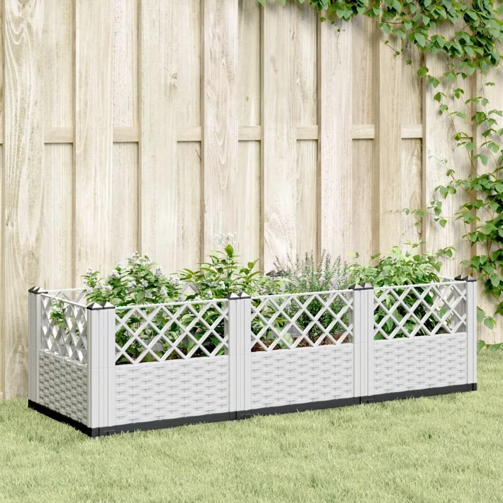 Jardinera con estacas, color blanco, 123,5 x 43,5 x 43,5 cm, bancal modular en aspecto de ratán, de plástico resistente, para jardín, terraza y balcón, 8 elementos