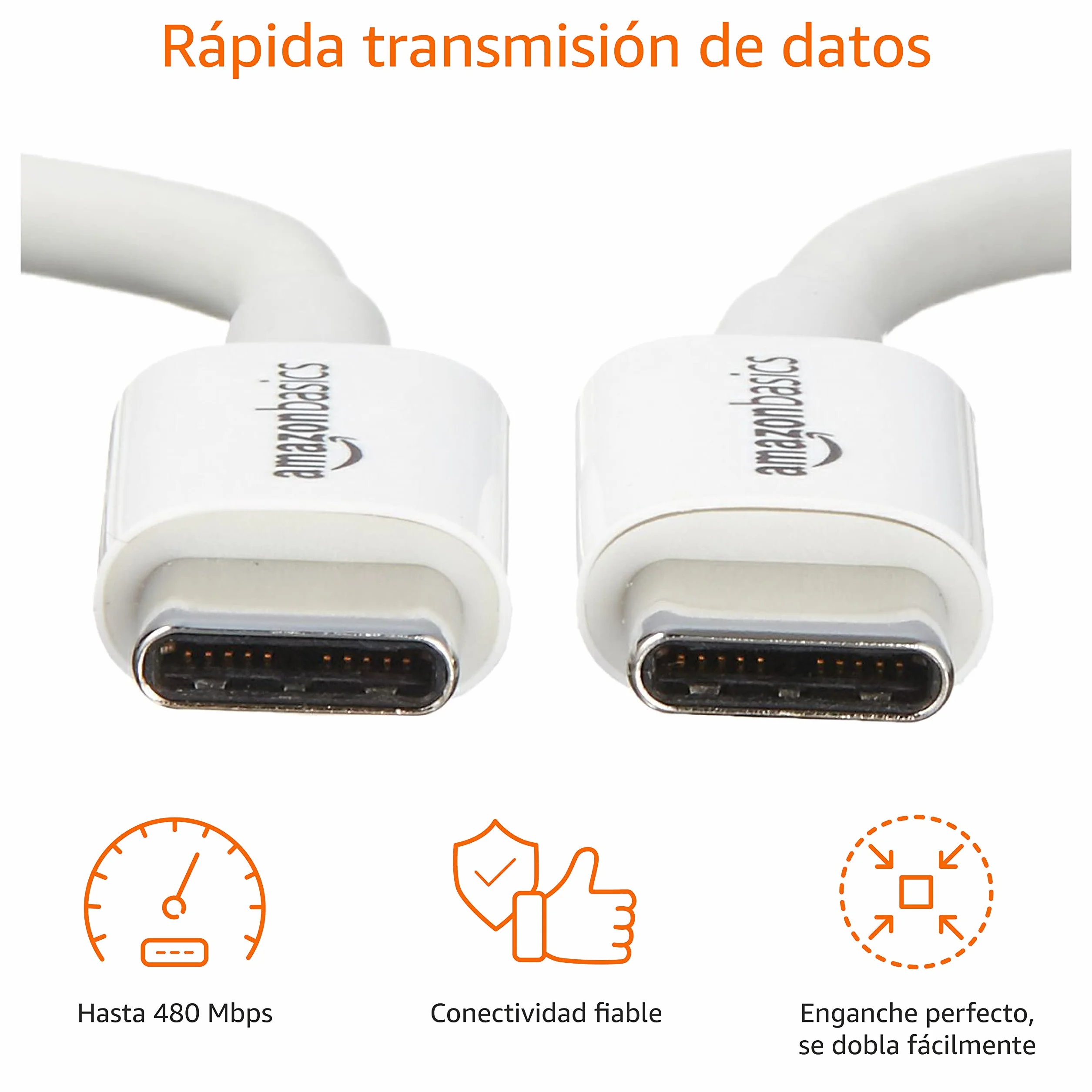 Amazon Basics Cable USB-C a USB-C 480 Mbps certificado USB-IF 1.8 m blanco