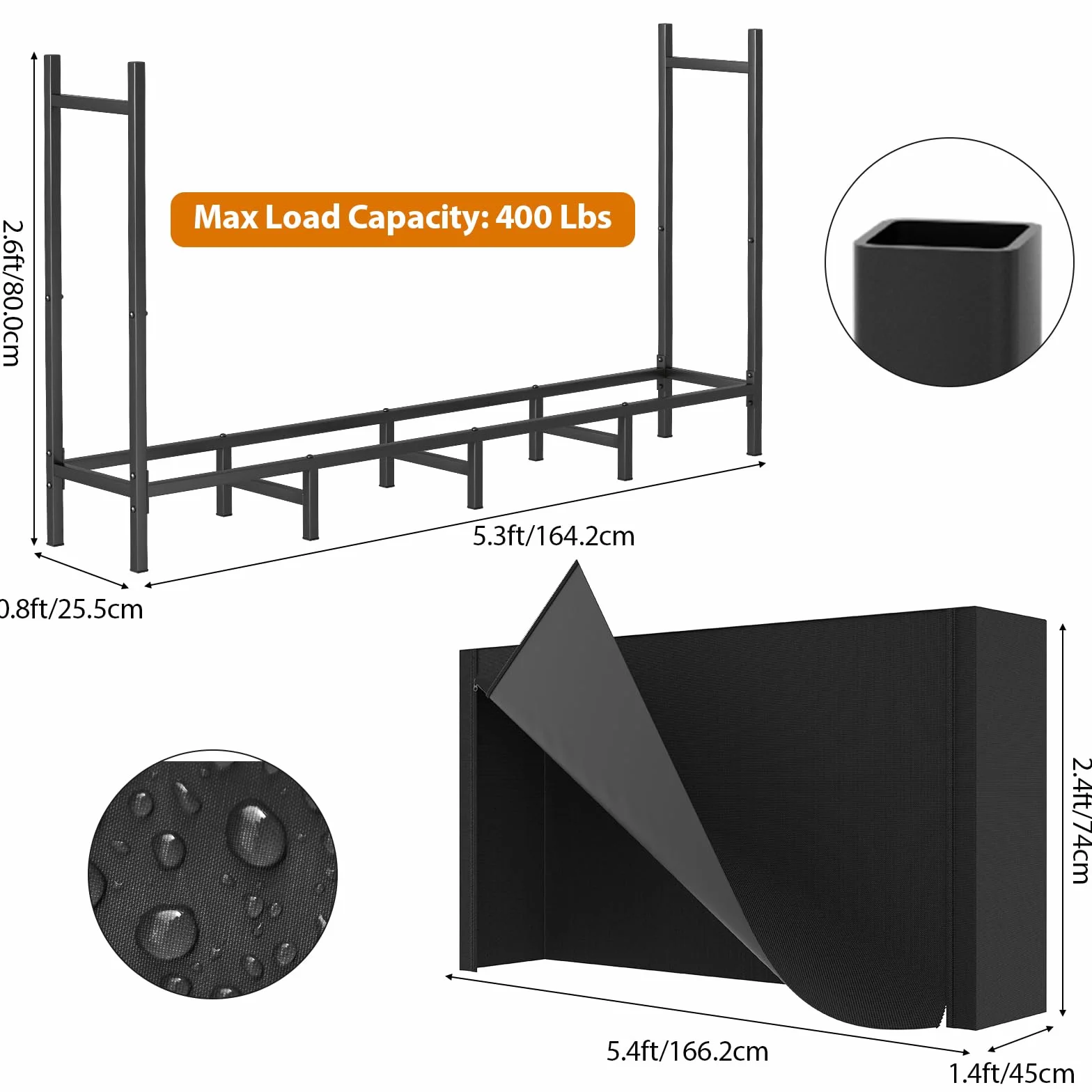 Estante de leña para Exteriores con Cubierta, Estante de leña de 5.5 pies para Chimenea, Almacenamiento de leña, Soporte de leña para Interiores, Ajustable, Resistente, Tela Oxford Impermeable Negra