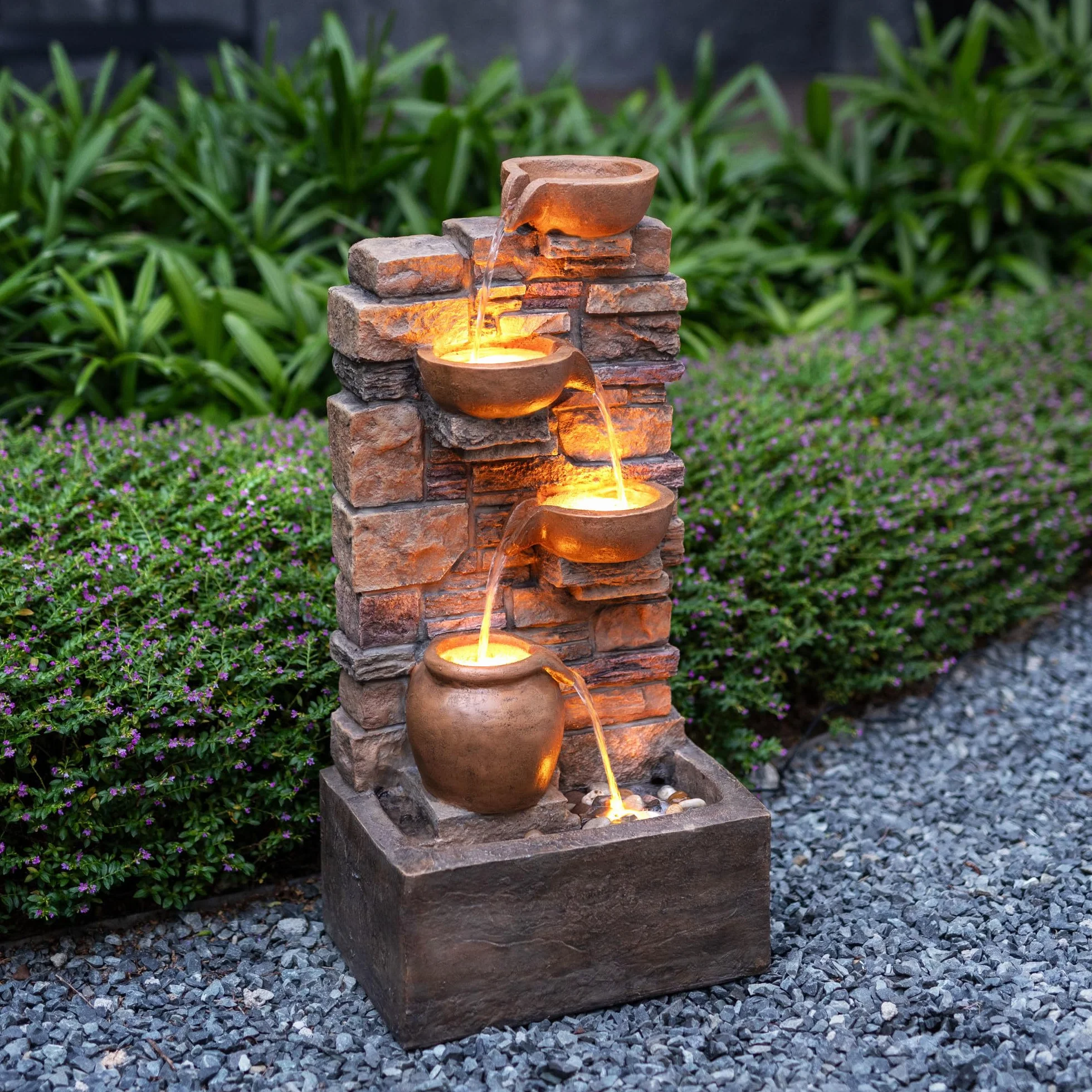 Teamson Home Fuente en Cascada 4 Niveles Marron Exterior con LED
