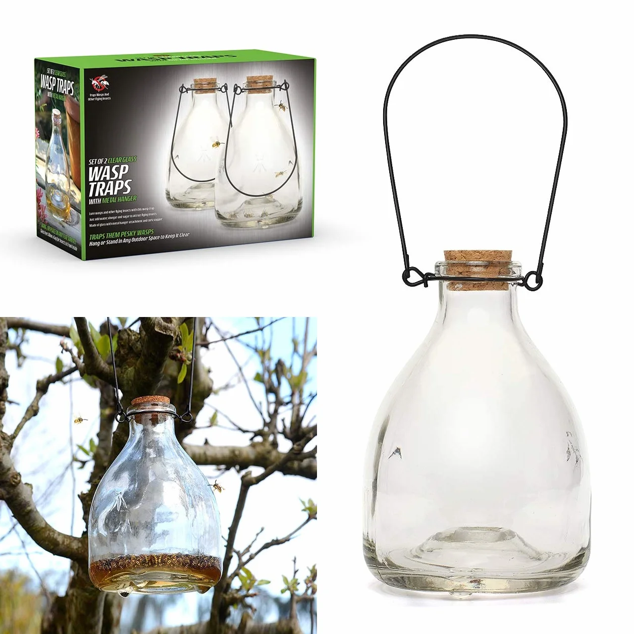 CKB LTD CKB-WC02 - Juego de 2 trampas para avispas con colgador de metal, diseño tradicional y atractivo para colgar miel, trampa para insectos para interiores y exteriores, control de plagas, paquete