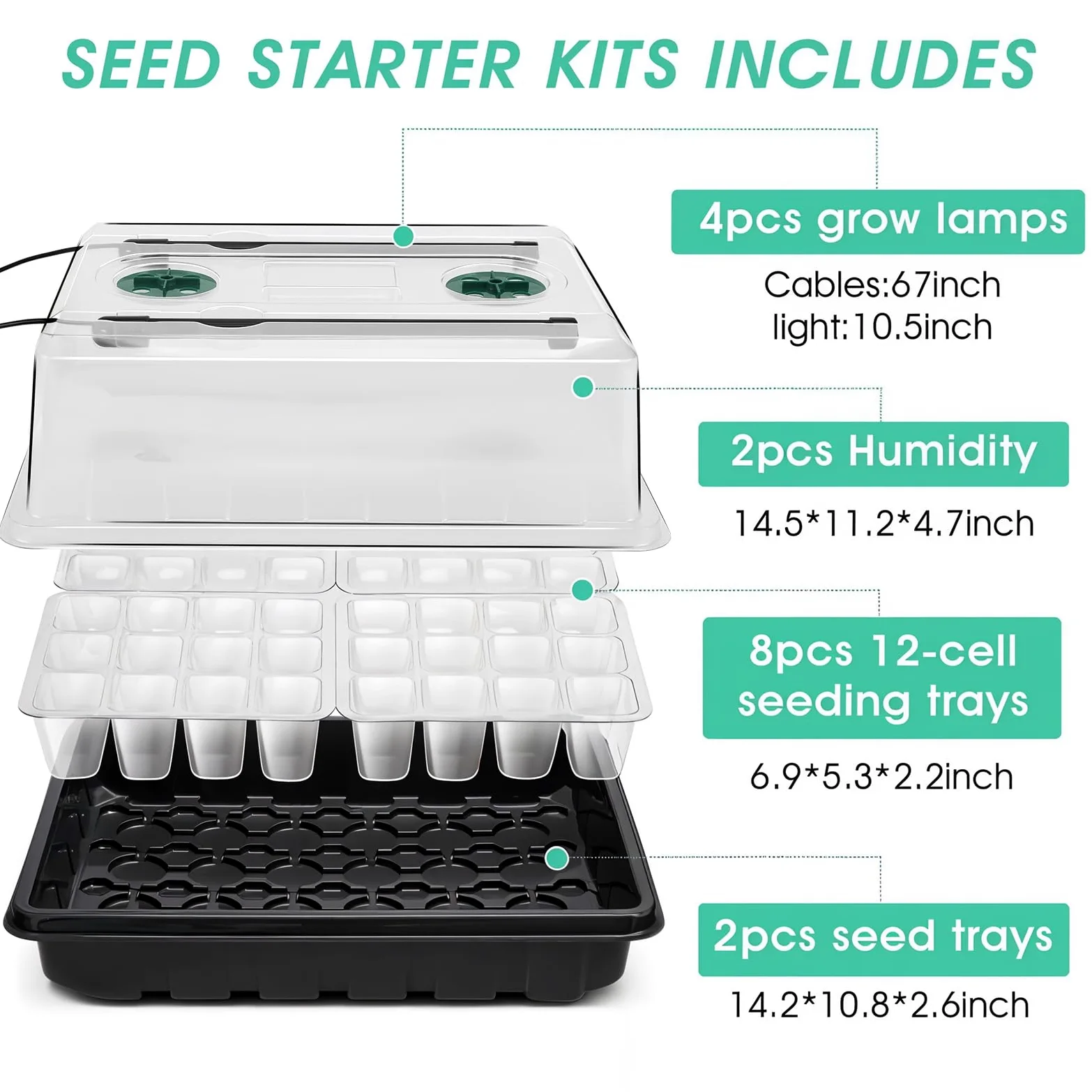 Bandeja de inicio de semillas con luz de crecimiento, kit de inicio de semillas de 96 celdas, bandejas de inicio de plántulas con cúpulas de humedad, temporizador automático, bandejas de