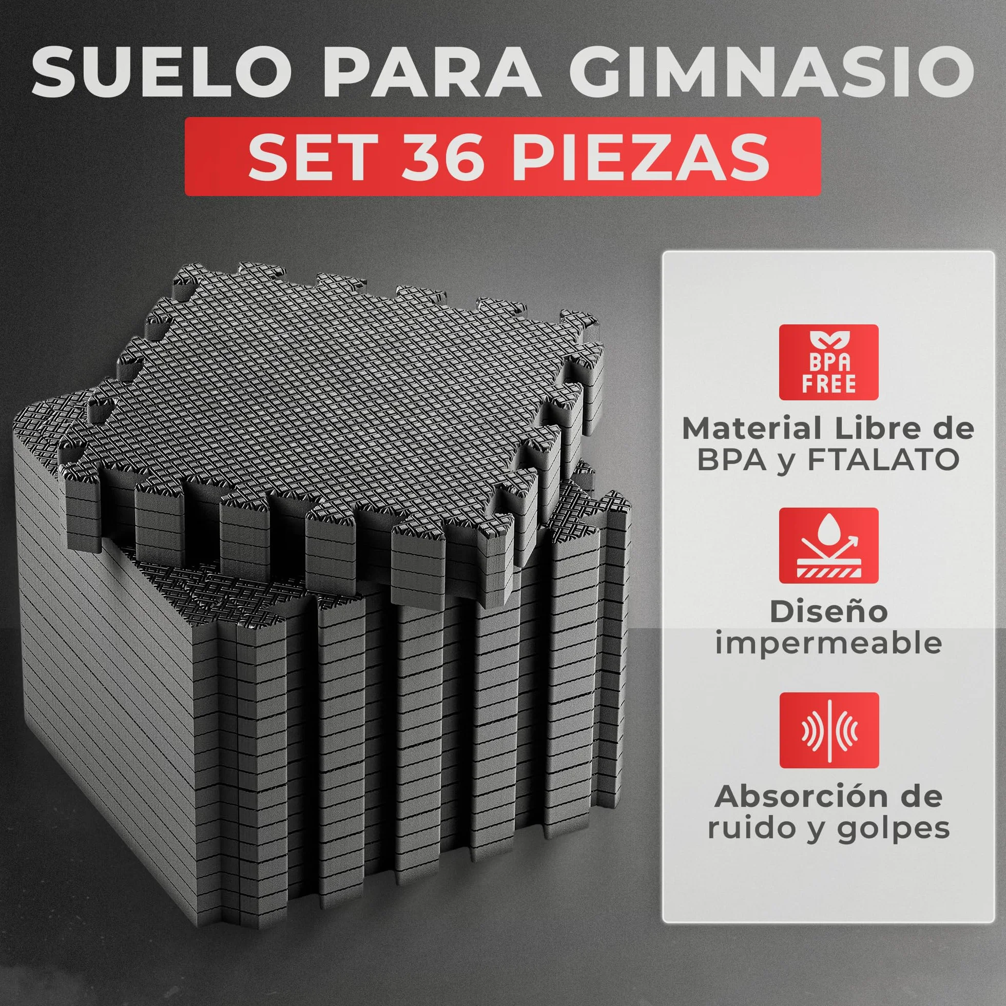 Esterilla Puzzle Fitness de Goma 30x30x1cm 36 Piezas Suelo Gimnasio