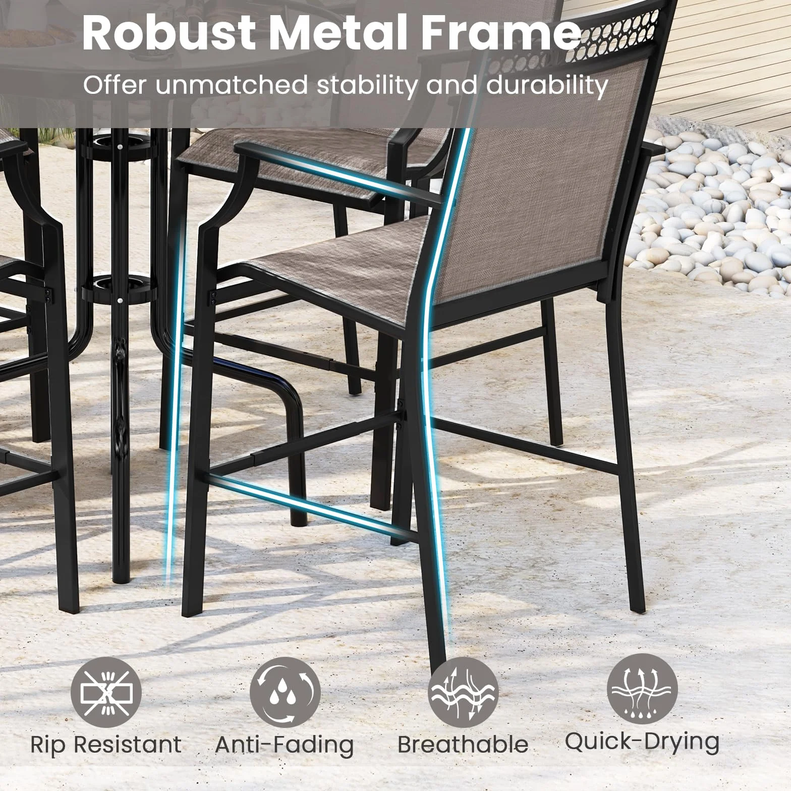 KOMFOTTEU Juego de 2 Sillas de Jardín, Silla Alta de Tela con Marco de Metal, Taburete de Bar con Respaldo y Reposabrazos, Silla de Comedor con Carga 180 kg para Terraza, 66 x 62 x 114 cm (Café)