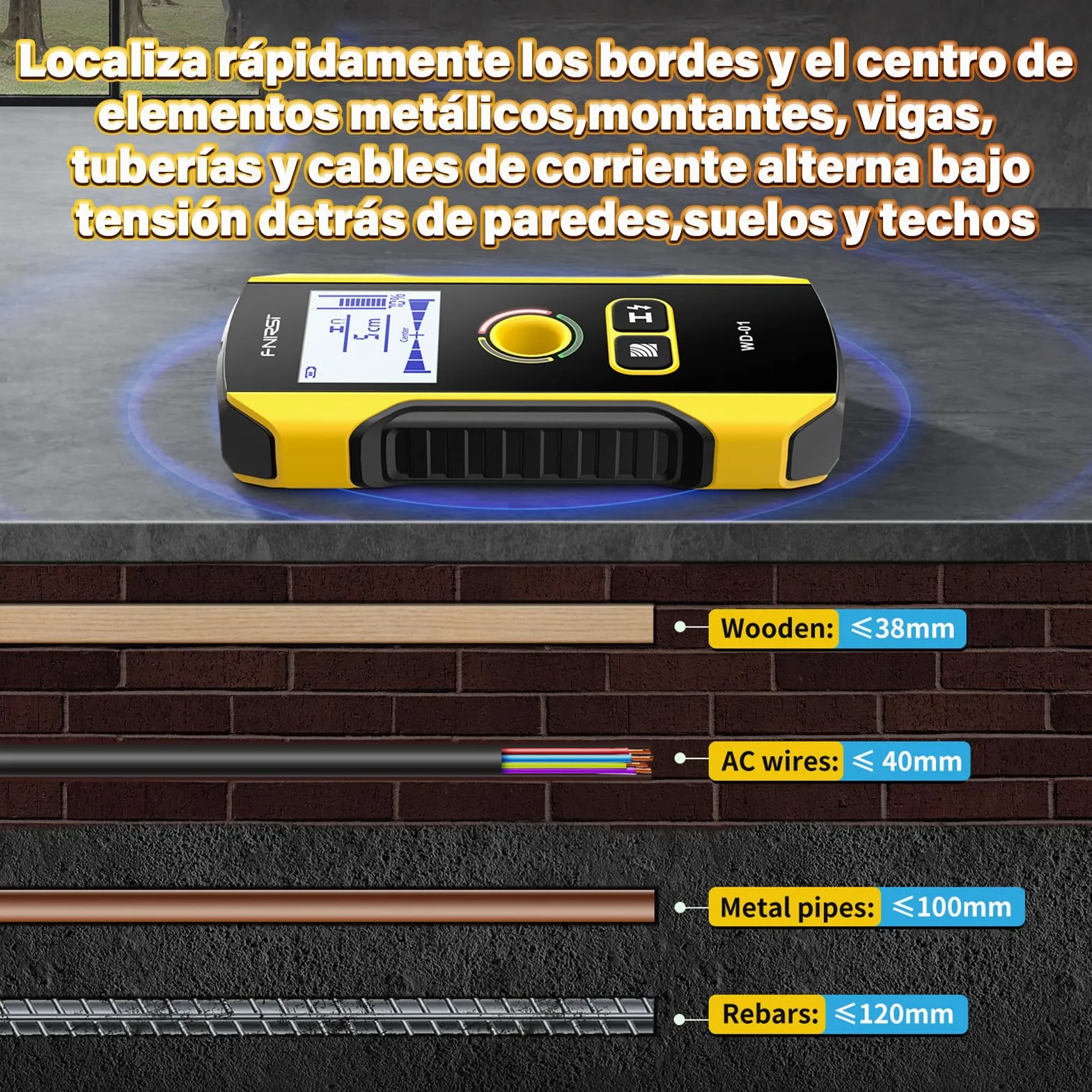 WD-01 Detector Cables y Tuberias,Escáner de Paredes,3 en 1 Metal/Cables de CA/Madera Detector de tuberias de Agua,Chip antiinterferencias HPC,Pantalla LCD VA de segmentos Negativos,Apagado Automático
