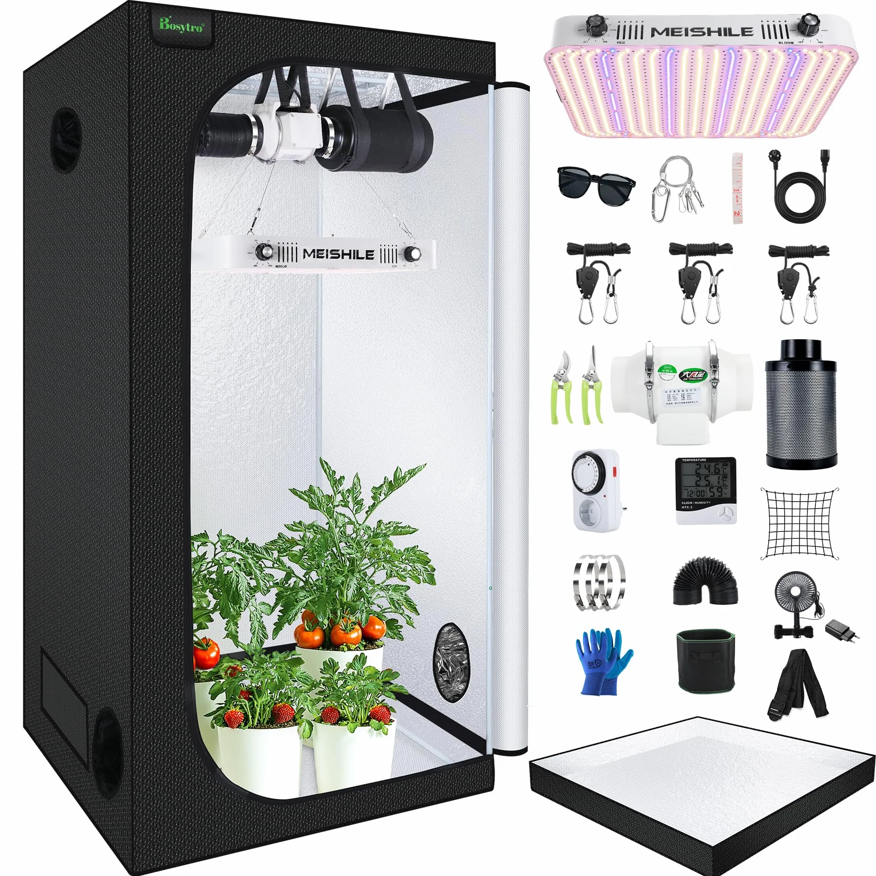 Crecer Carpa Kit Completo, Armario Cultivo Interior, Luz para Plantas, Hidroponia Kit Completo, 600D Lona con termohigrómetro y Temporizador, Apto para Uso Interior y Exterior(100x100x200cm)