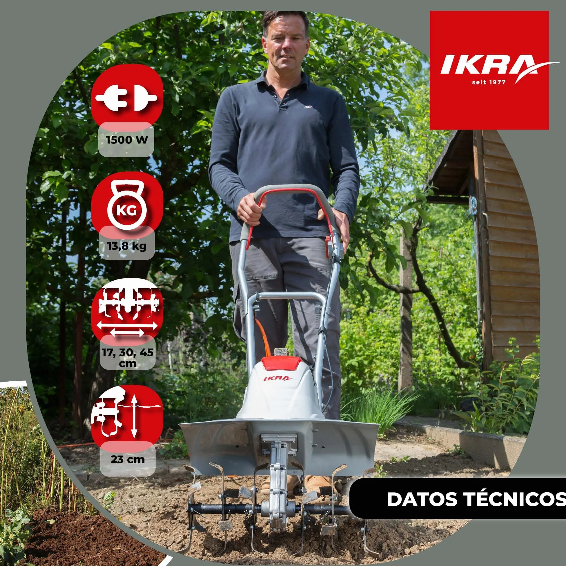 IKRA motoazada eléctrica motocultor cultivador Fem 1500, Ancho útil 17-45cm, 1500W, Incl. arado aporcador