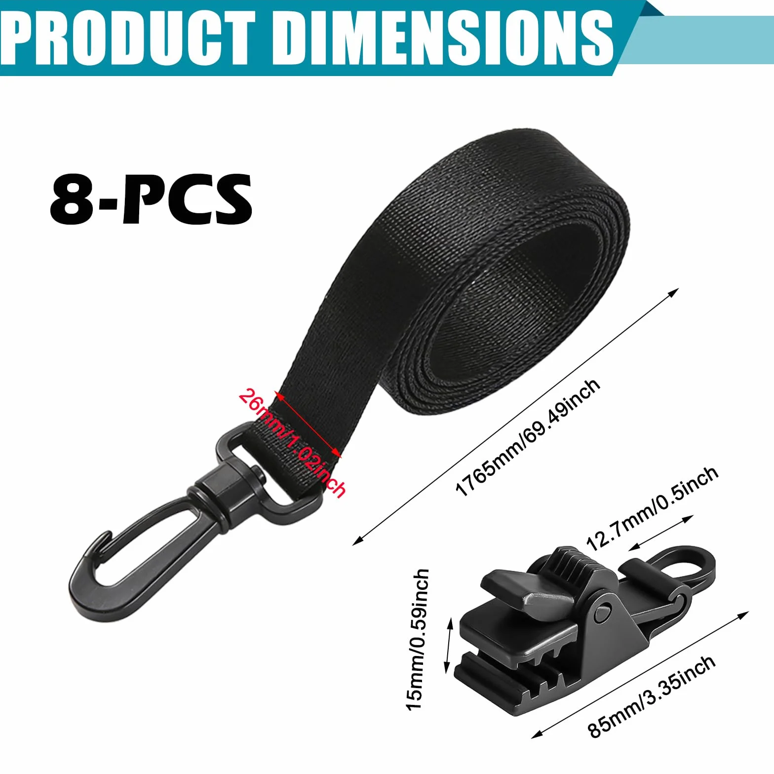 BORDEAG 8 unidades de enrolladores de piscina, bandas de sujeción para láminas solares, correas tensoras con trinquete, cintas de fijación, para cubiertas de lona de piscina, color negro