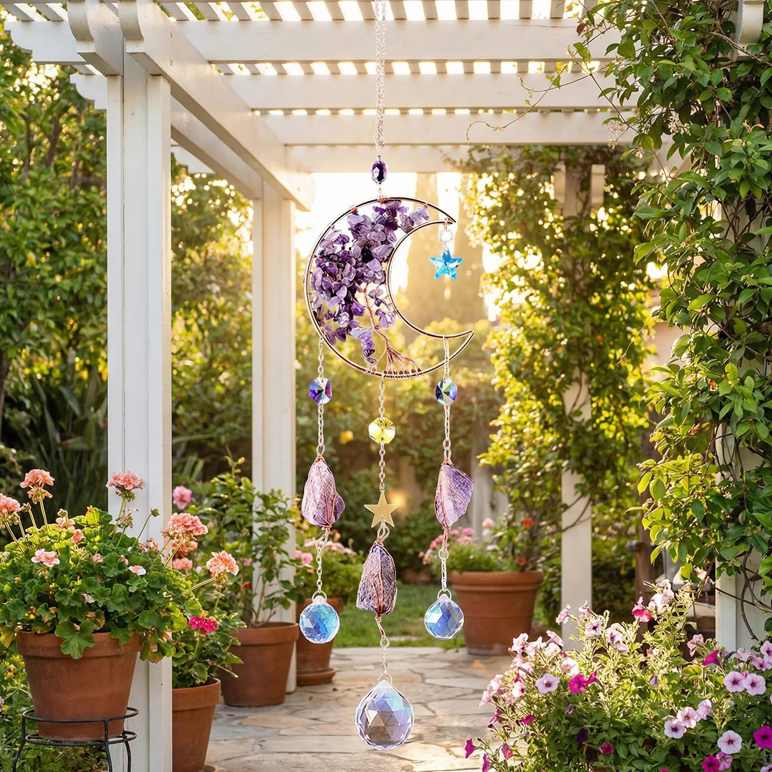 Atrapasoles Cristal Colgante 40cm, Luna y Estrella, Bola de Cristal, Cristales para Colgar, Campana de Viento para Casa Jardín Oficina Ventanas Campanas Coche Fiesta Boda Decoración, Regalos Mujeres