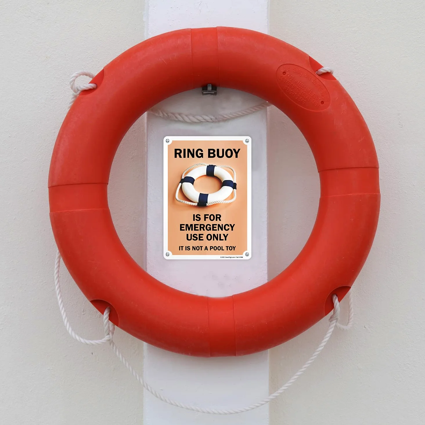 SmartSign Letrero de metal con texto en inglés "Ring Buoy For Emergency Use Only, Not A Pool Toy" de 35,5 x 25,4 cm, serigrafiado, aluminio laminado inoxidable de 40 mil, marrón, negro y blanco
