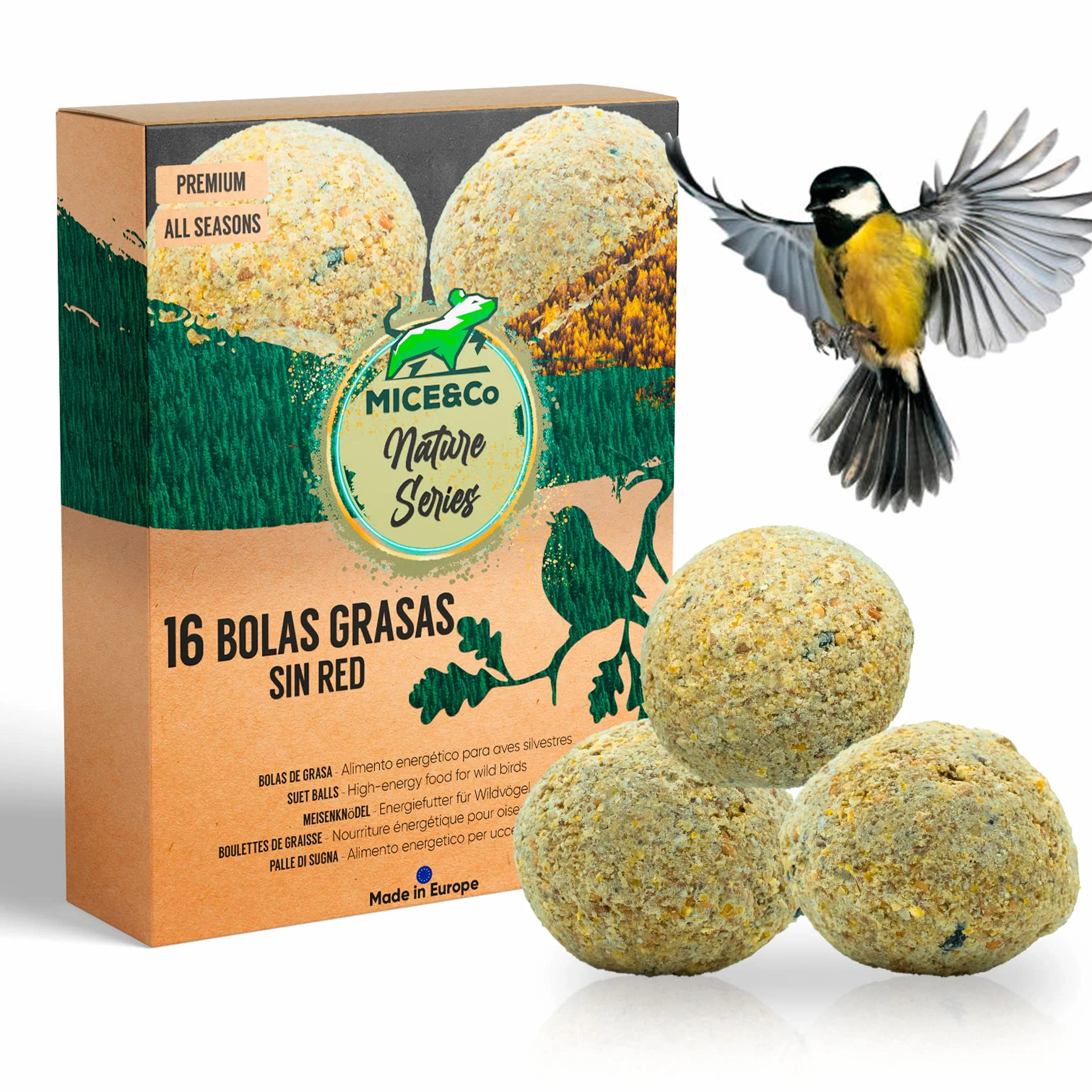 Mice&Co Bolas Grasas Comida Pájaros - Bolas de Sebo Aves Silvestres | Suet Balls Semillas Pienso Aves - 16 Unidades