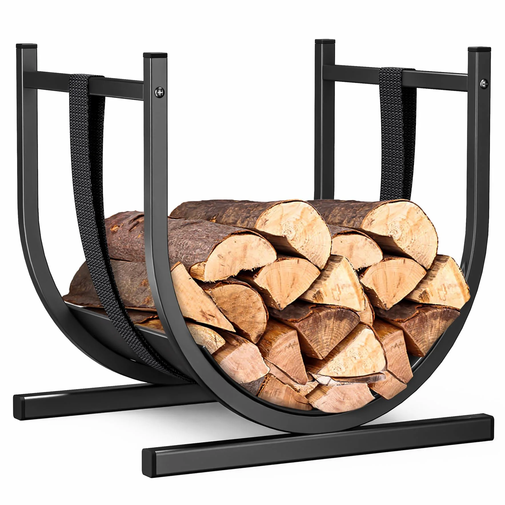 VOUNOT® Estante Almacenamiento Leña 41x37x39.5cm Soporte de Madera Metálico con Correa Seguridad, Cesto Leña Leñero Interior y Exterior en Forma de U Estantería Organizador para Troncos Chimenea Negro