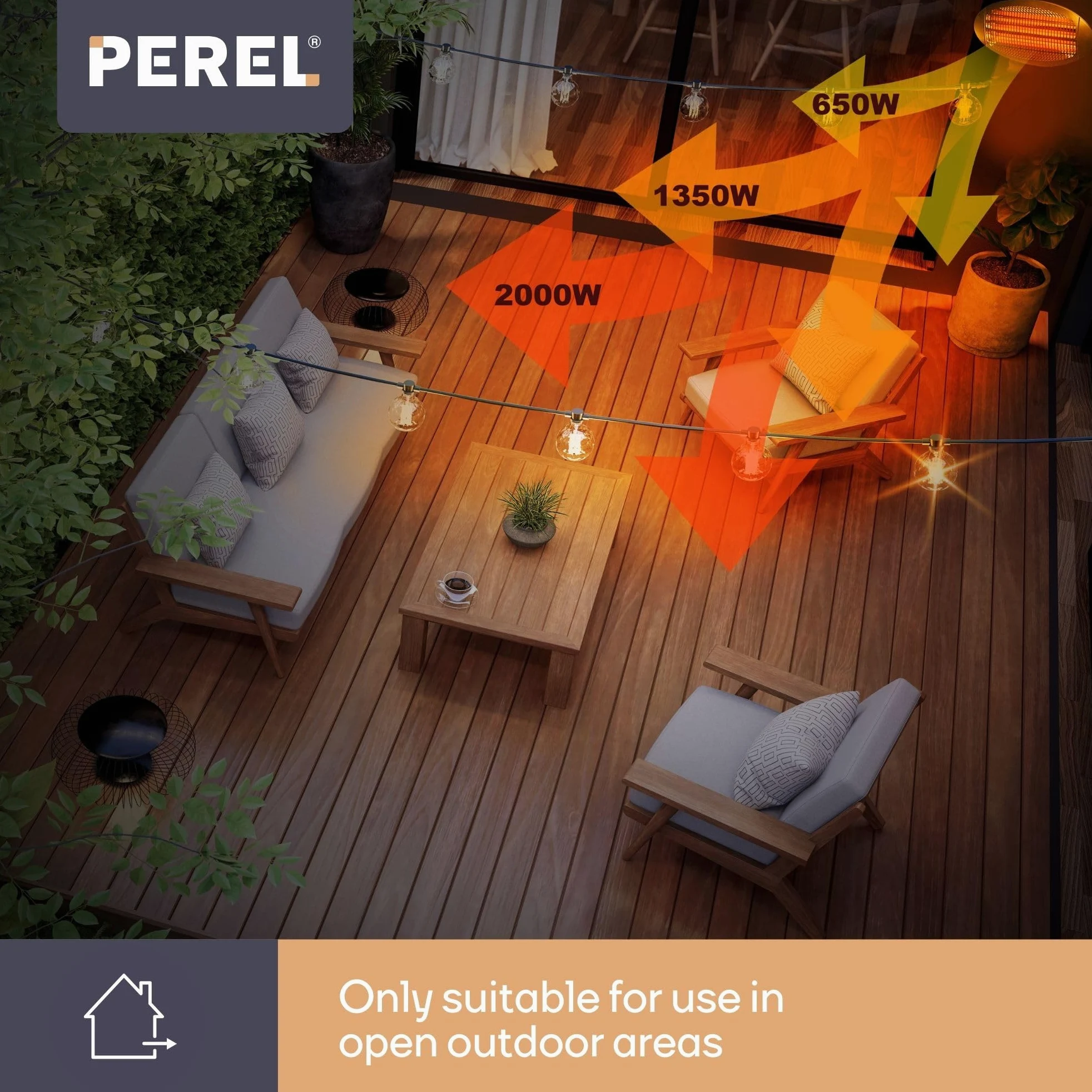 Perel Calefactor de terraza 2000W IP34 cuarzo montaje mural 3 niveles calor inclinable 45°