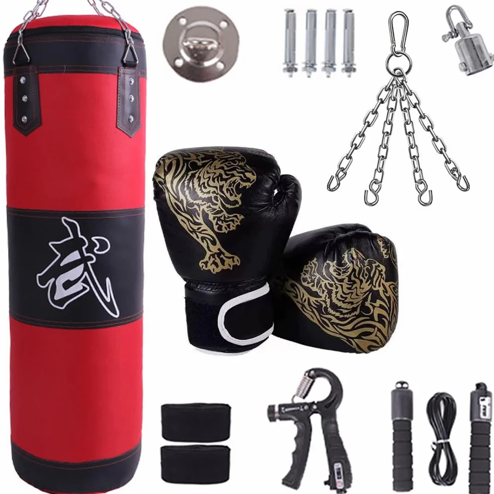 Kit de Sacos de Boxeo 15-en-1 100 cm con Guantes Vendas Cadena Gruesa Giratorio 360° para Muay Thai Lucha