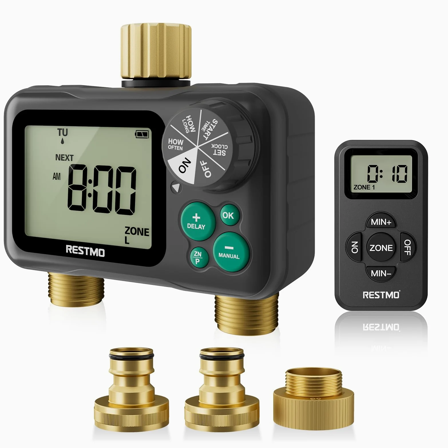 RESTMO Ordenador de riego RF de 2 zonas, temporizador de riego con mando a distancia | Automático/manual/retardo de lluvia, para manguera de jardín y grifo exterior, riego de césped