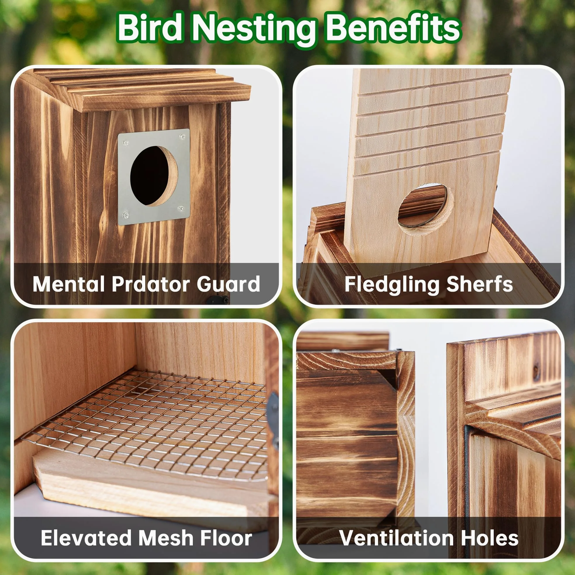 Paquete de 2 casas para pájaros para exteriores con protector de depredador de metal para pinzón de golondrina de pájaro azul, cajas de anidación de madera carbonizada para exteriores, casa de pájaros