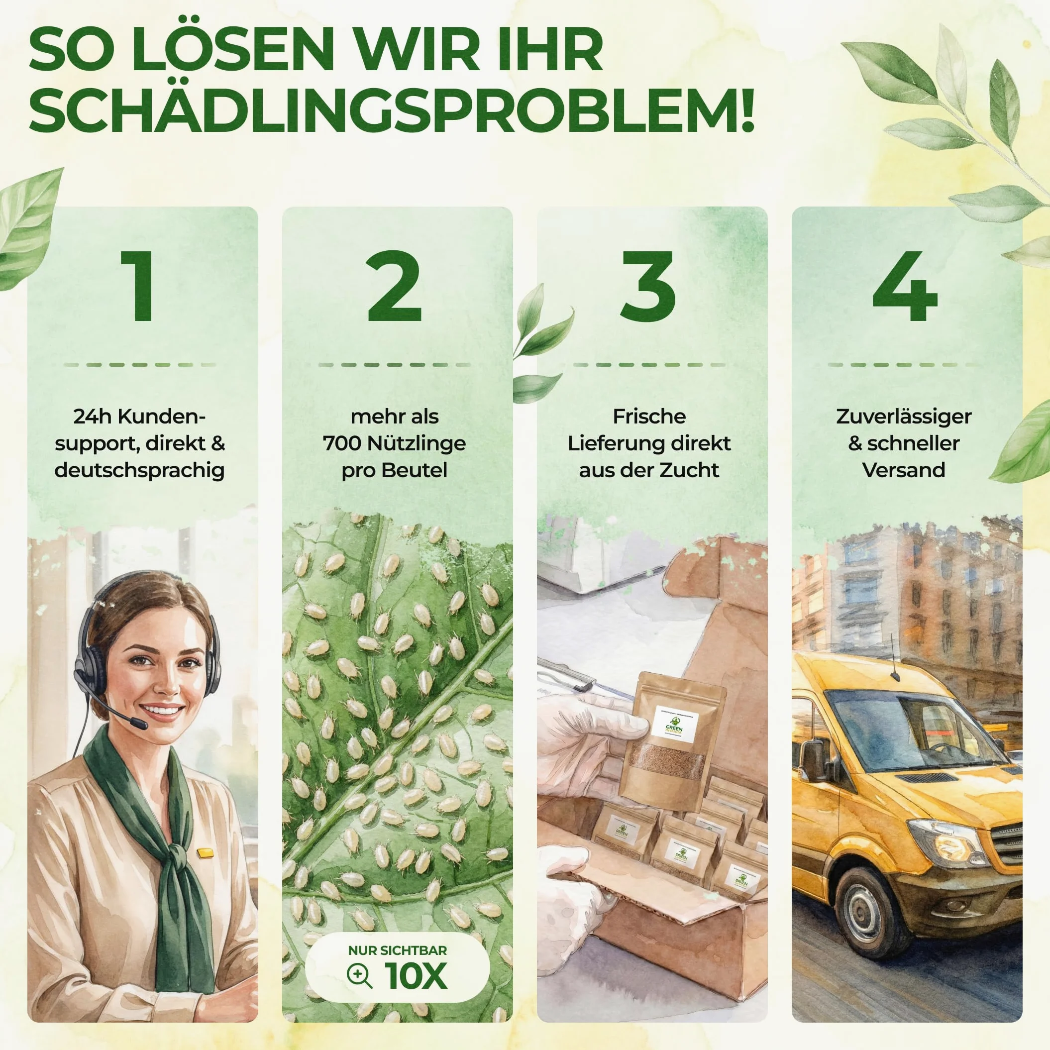 GREEN GUARDIA Power Mezcla de ácaros depredadores, 6 bolsas, control biológico de plagas para 30 m²