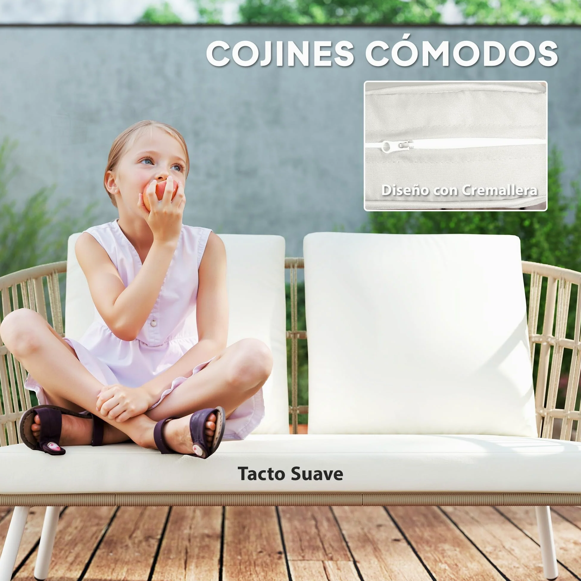 Outsunny Conjunto de Jardín Exterior de Ratán Sintético de 4 Piezas Muebles de Jardín Exterior con Sofá de 2 Plazas 2 Sillones 1 Mesa de Centro de Metal con Cojines Crema y Natural