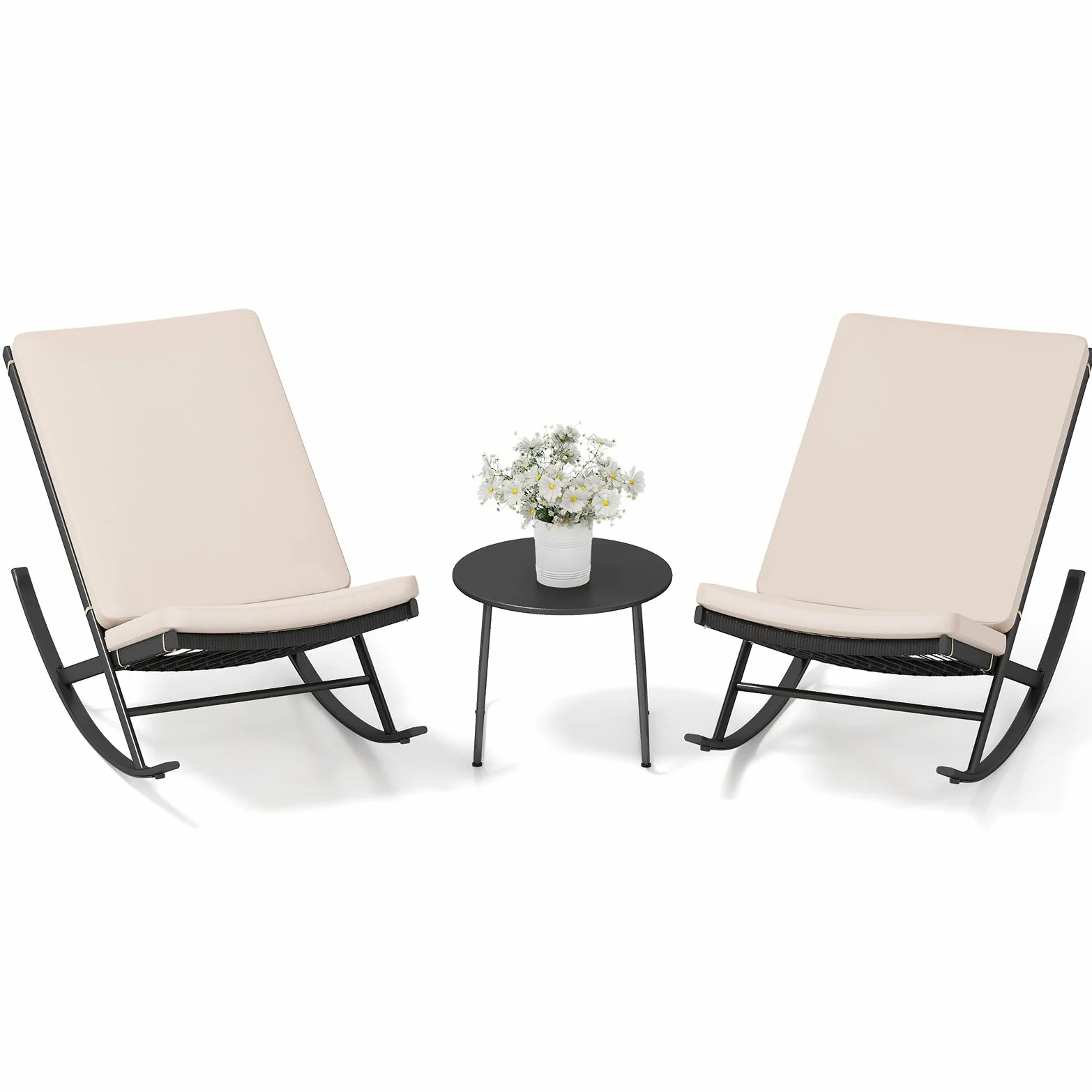 GIANTEX Juego de Muebles de Jardín 3 Piezas, 2 Sillones Mecedoras de Ratán PE, Mesita de Café Redonda, Asiento con Cojín, Conjunto de Conversación para Patio, Balcón, Terraza