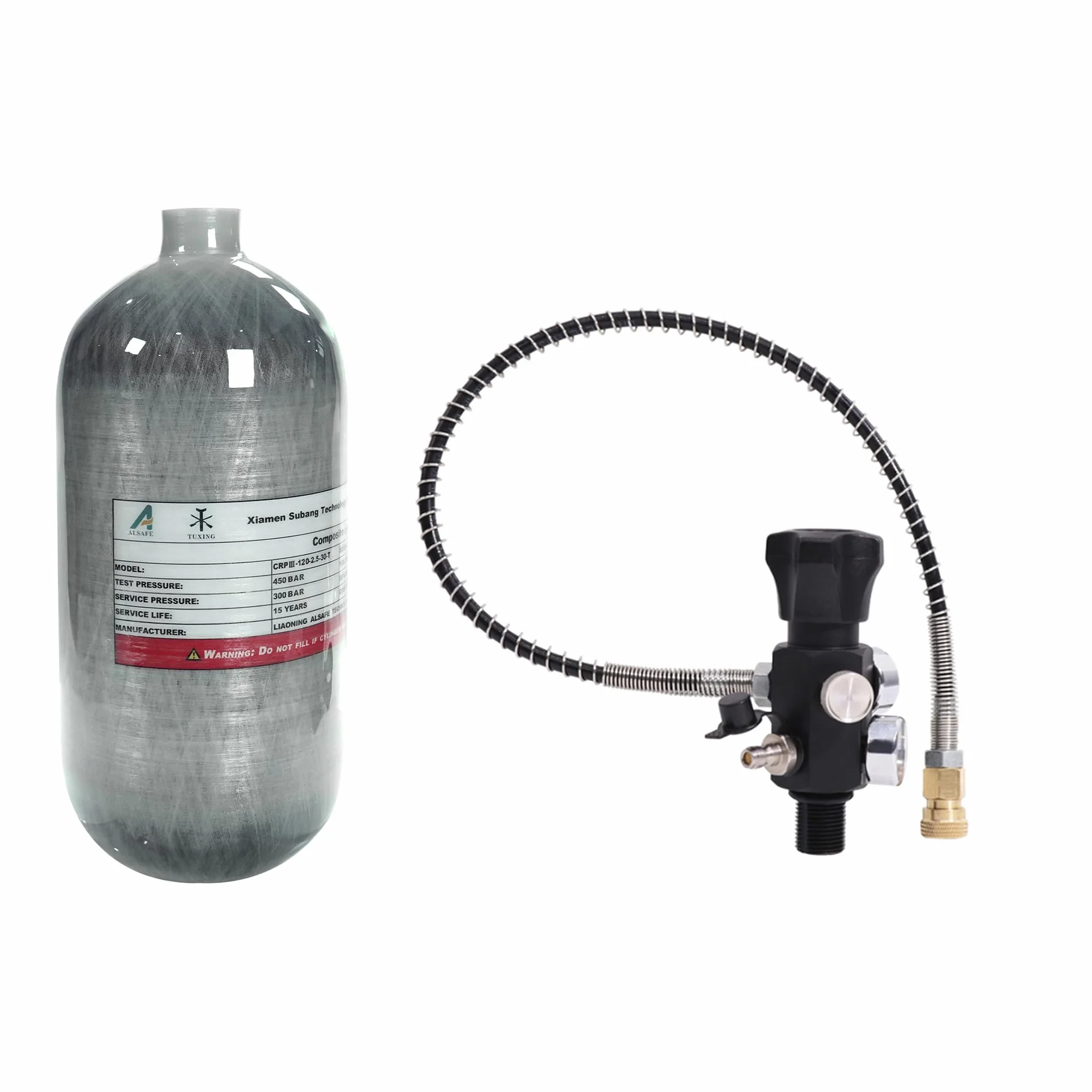 TUXING 4500psi Tanque de Aire de Fibra de Carbono 2.5L Botella Vacía Paintball con Manómetros Manguera Alta Presión M18*1.5