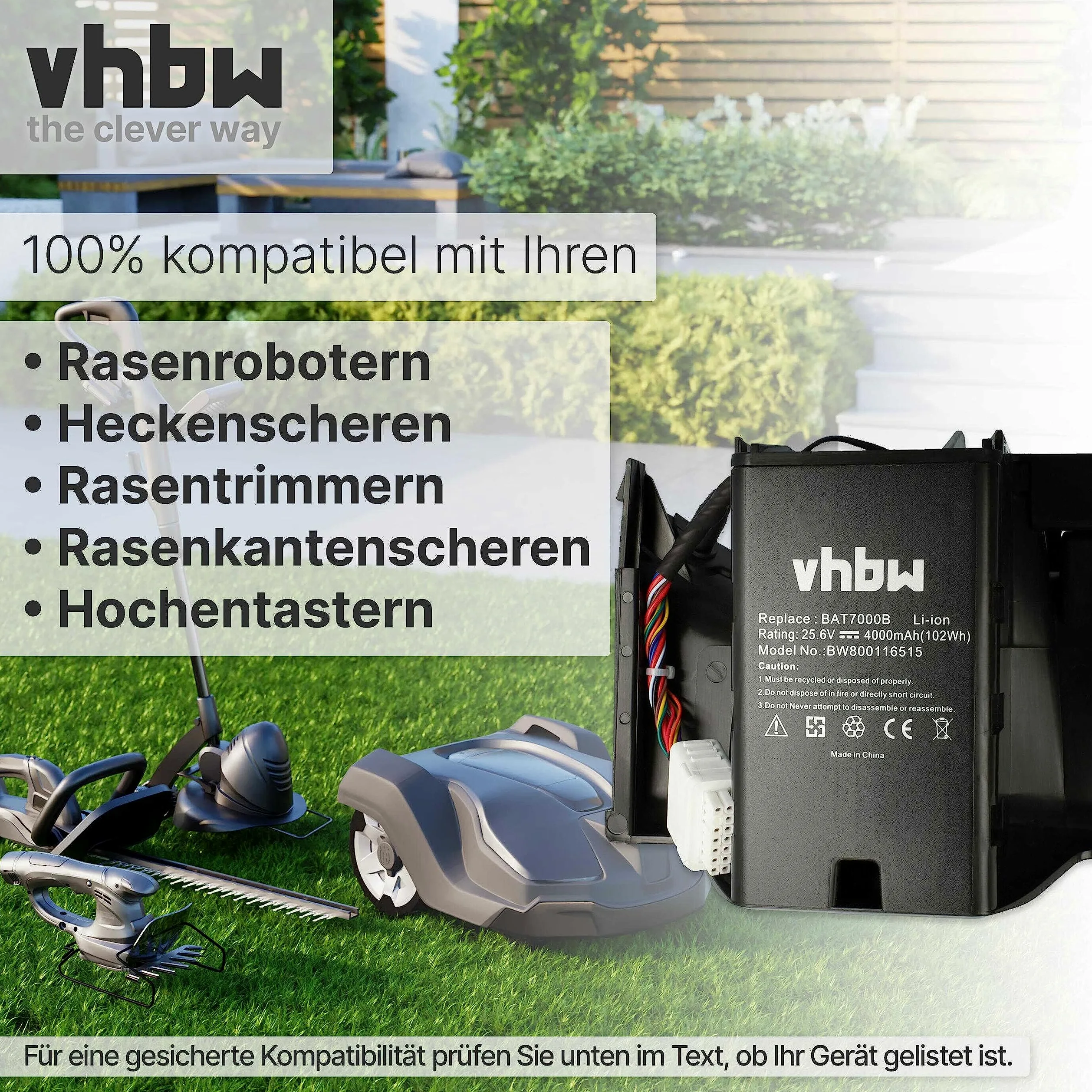vhbw Batería reemplaza Robomow 8IFR27/66 | BAT7000B, BAT7001A, MRK7005A para robot cortacésped (4000 mAh, 25,6 V, Li-Ion)