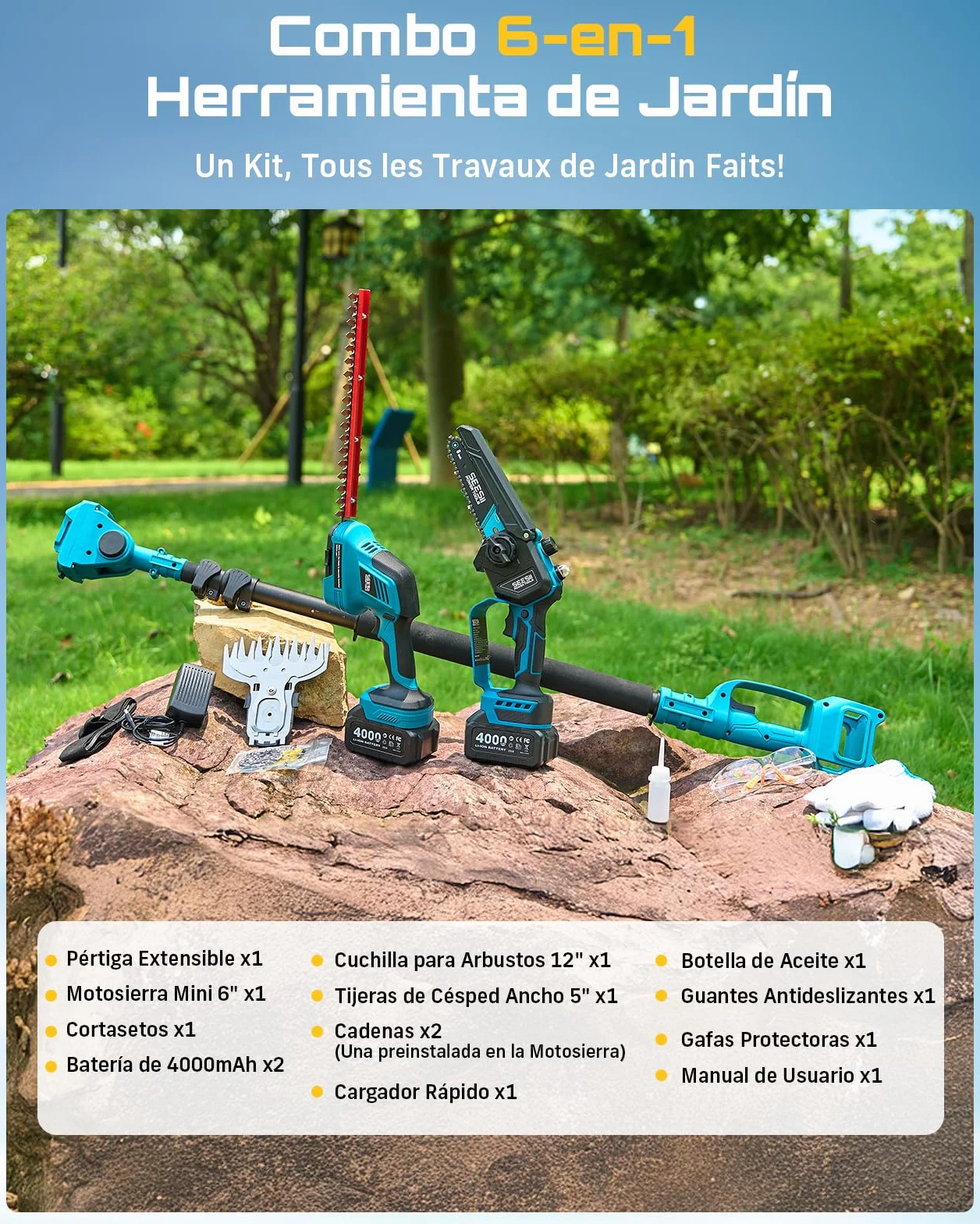 SEESII 6-en-1 Mini Motosierra y Cortasetos a Batería, con 2 * 4000mAh Baterías, Motosierra Electrica con Pértiga Telescópica, Alcance Máximo de hasta 4,57 m, con 30 ml Tanque de Aceite