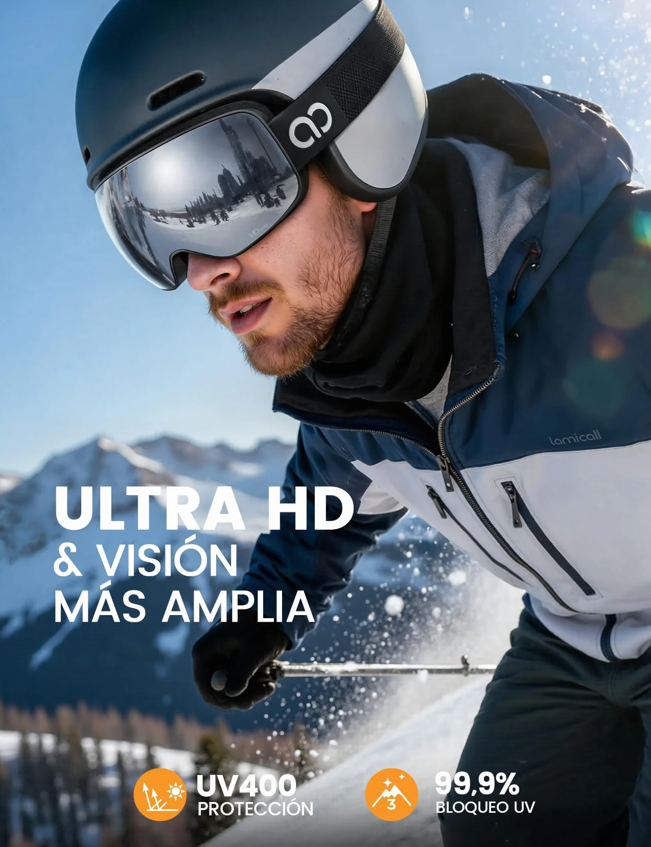 Lamicall Gafas de Esquí Hombre, Gafas Ski OTG HD Lente Esférica Antivaho Patentado UV400 Protección