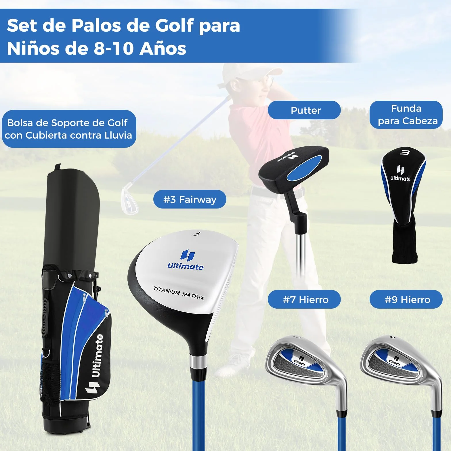 COSTWAY Set de Palos de Golf para Niños 8-13 Años, Incluye Madera 3, Hierros 7 y 9, Putter, Bolsa