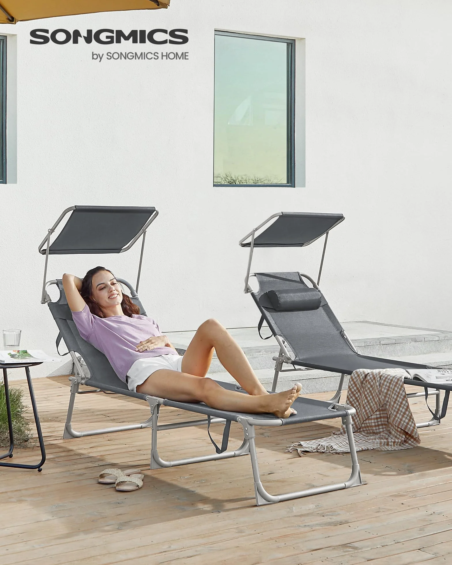 SONGMICS Tumbona, Tumbona Reclinable, 193 x 53 x 29 cm,Carga de 150 kg, con Reposacabezas de Protección Solar y Respaldo Reclinable, para Terraza, Piscina, Jardín, Gris Oscuro GCB19UV1